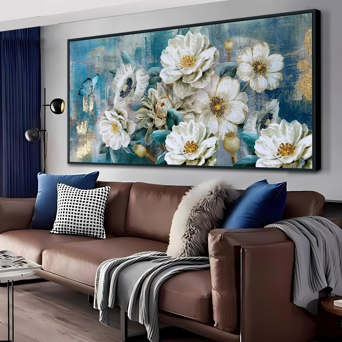 Arjun Flowers Canvas Wall Art White Elegant Modern Picture Gold Foil Painting Turquoise Floral Teal Artwork For Living Room Bedr