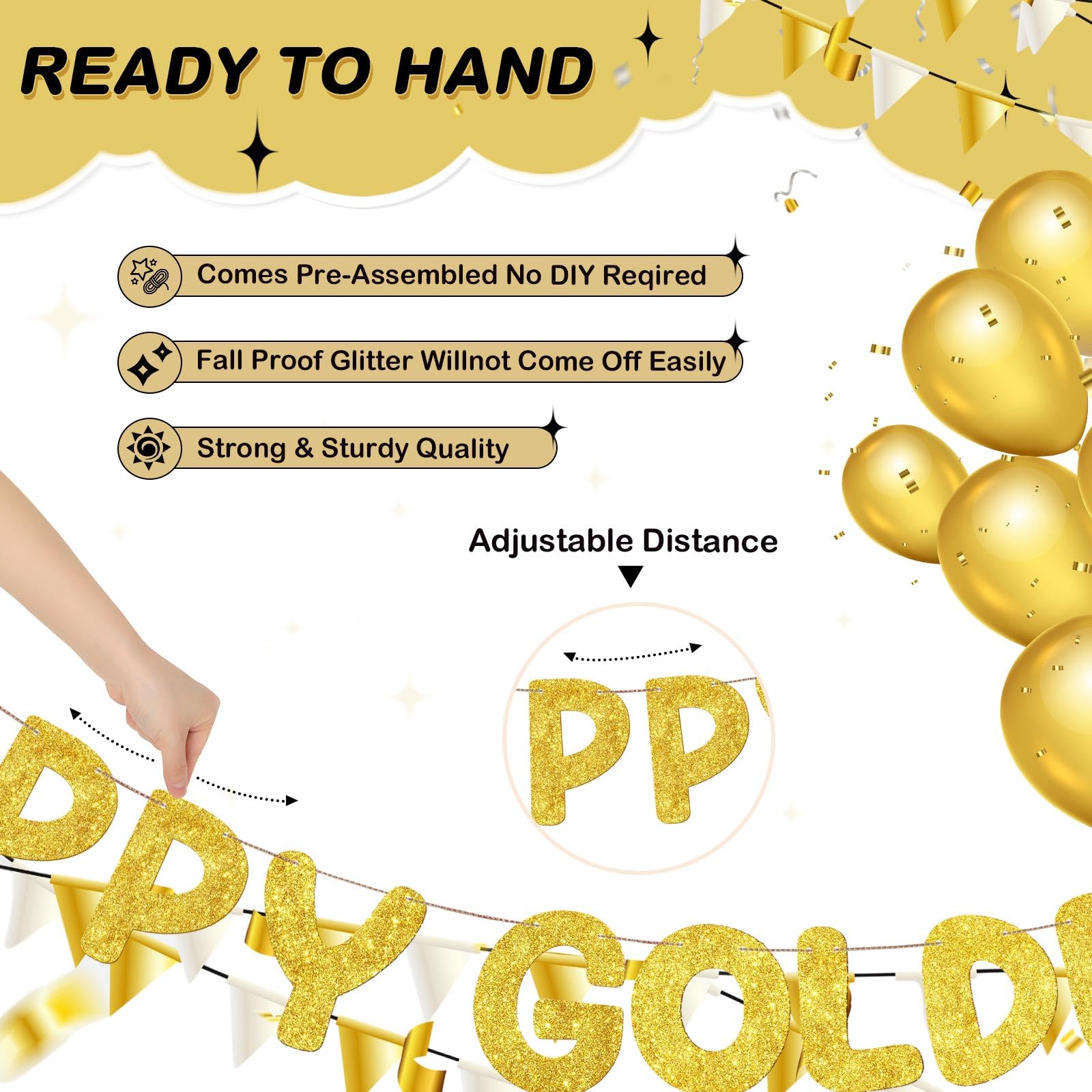Fulmoon Pre Strung Happy Golden Birthday Banner Glitter Stay Golden Party Decorations for 5th, 21st, 24th, 25th, 28th, 30th, 50t