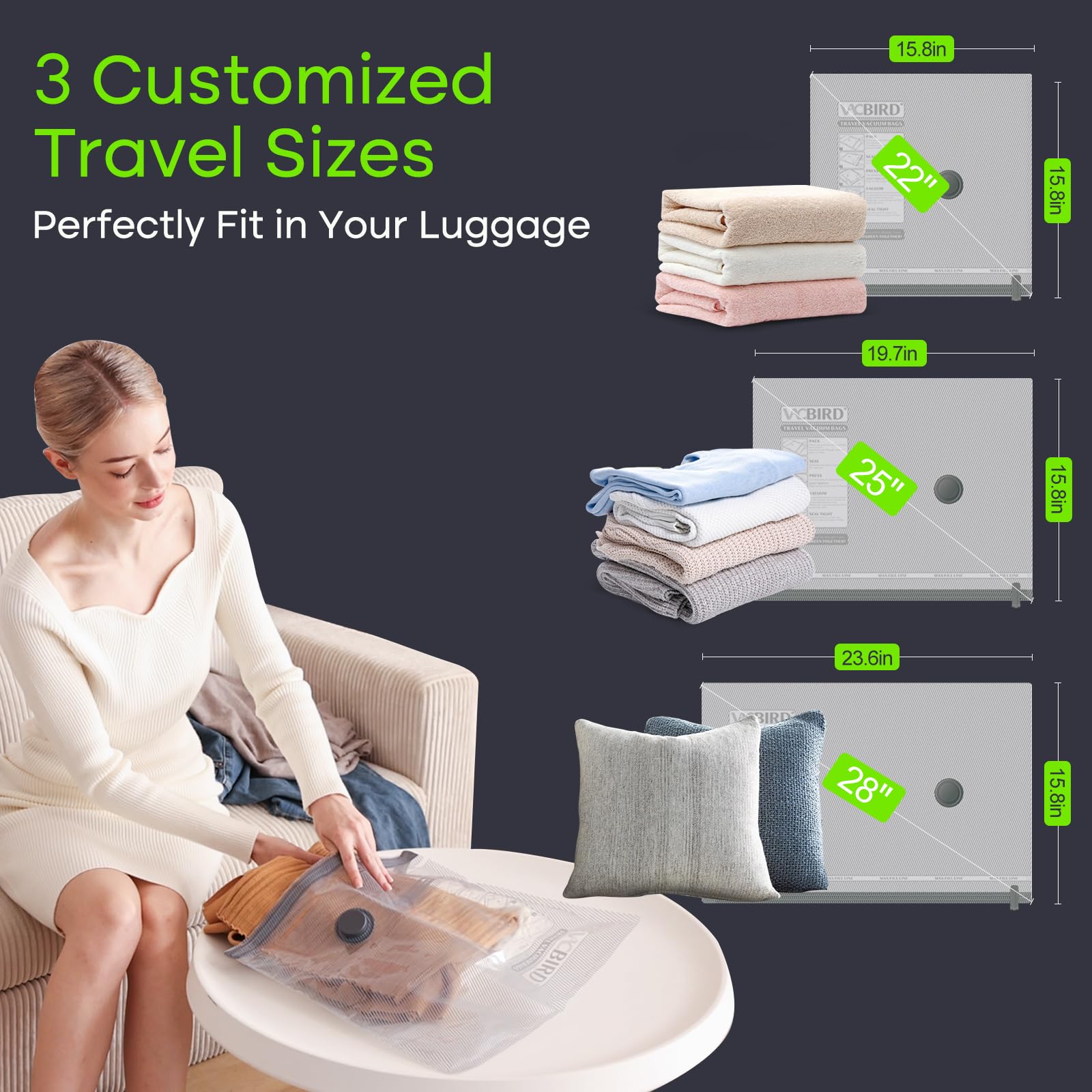 Vacbird Travel Vacuum Storage Bags with USB Pump, 6 Pack Compression Packing Bags for Luggage and Suitcase,Space Saver Bags for