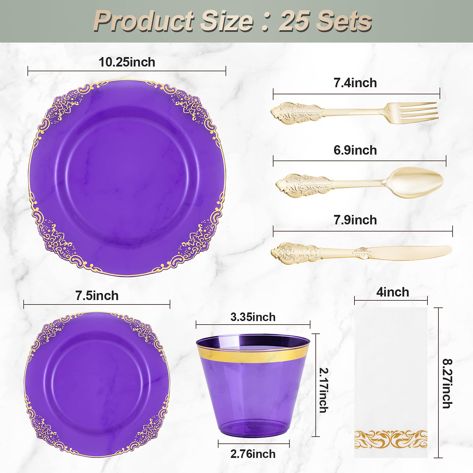 Bestluck 175Pcs Clear Purple Plastic Plates For 25 Guests, Disposable Plates With Gold Trim Include 25 Dinner Plates, 25 Dessert