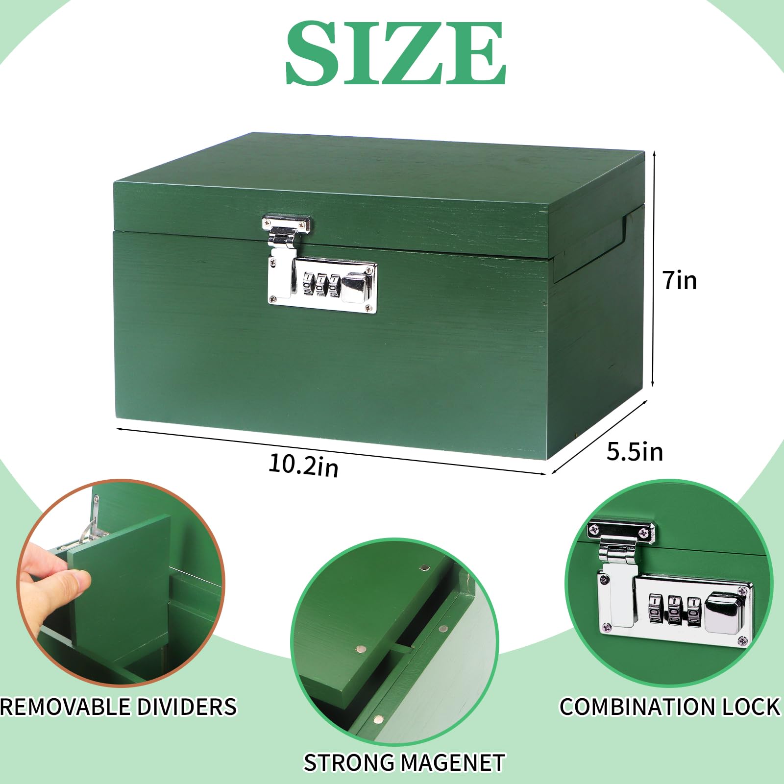 Large Green Bamboo Box with Combination Lock, Decorative Storage Box with Removable Tray & Detachable Compartment, Wooden Boxes