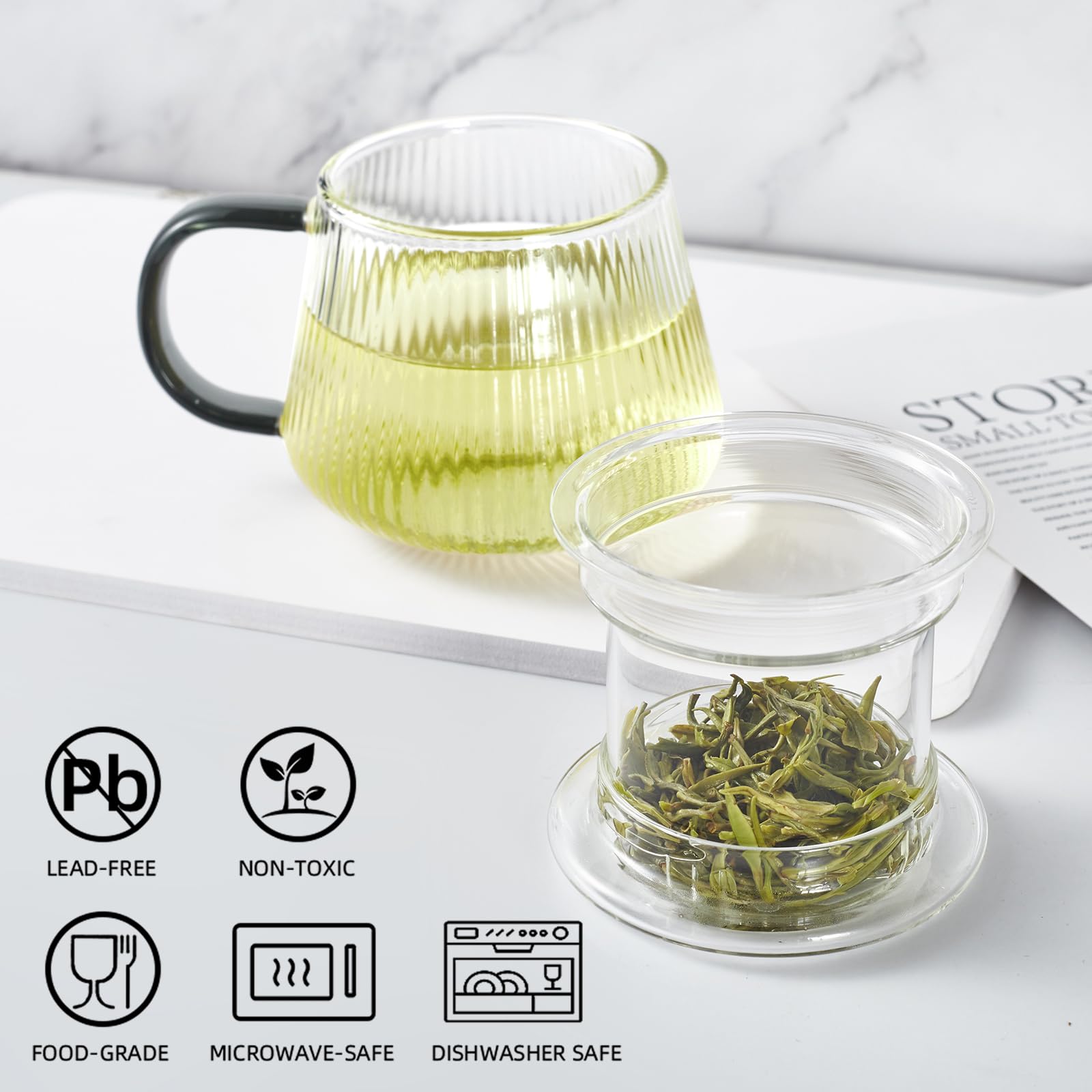 Lezero 13 Ounce Tea Cups Kits Loose Tea-Leaf Brewing System, Thickened Glass Cups With Tea Infuser Basket And Lid, Simple Filtra
