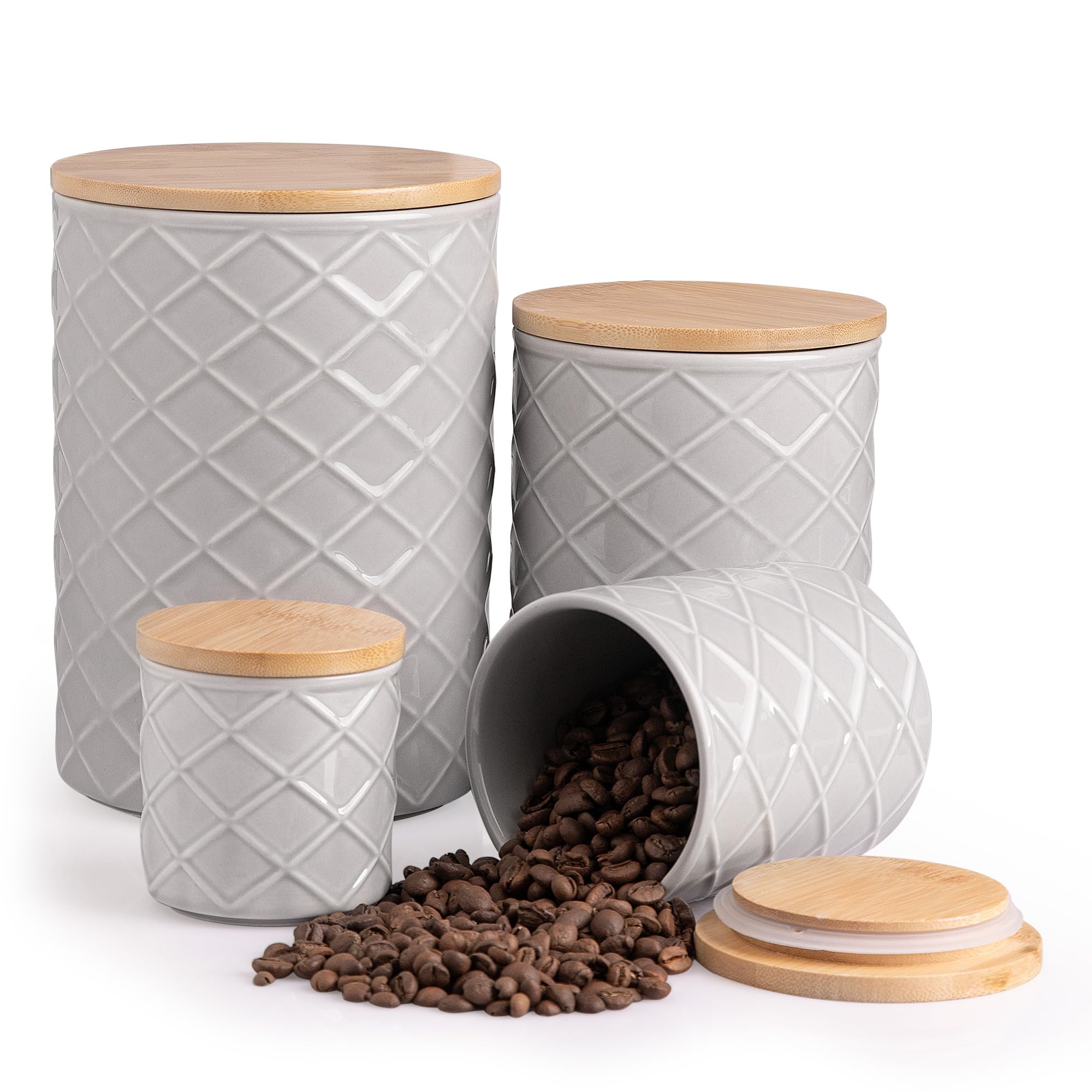 Sweejar Ceramic Canisters Sets for Kitchen Countertop, Relief Food Storage Jar with Bamboo Lid, Stackable Container for Flour, C