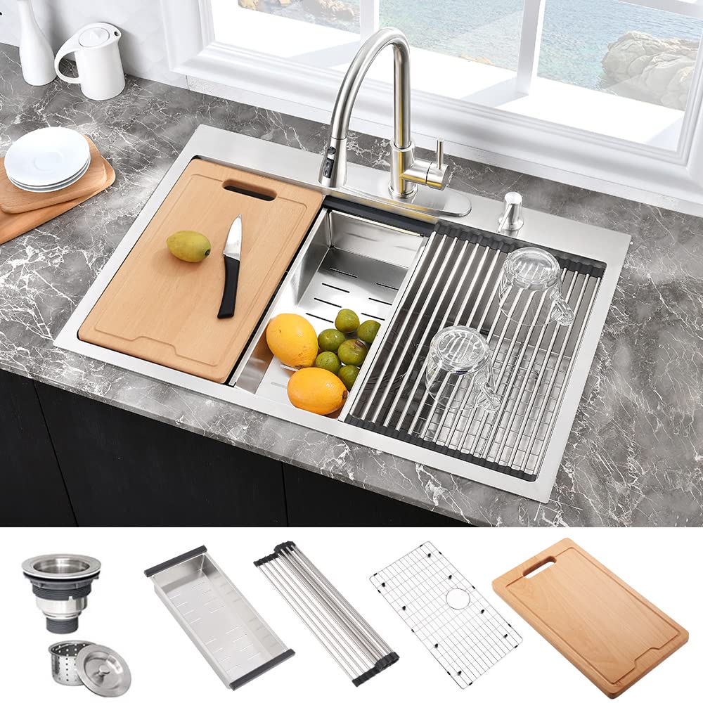 25 Inch Drop In Kitchen Sink Workstation-Hovheir 25X20X10 Stainless Steel Kitchen Sink Drop In Top Mount 16 Gauge Deep Single Bo
