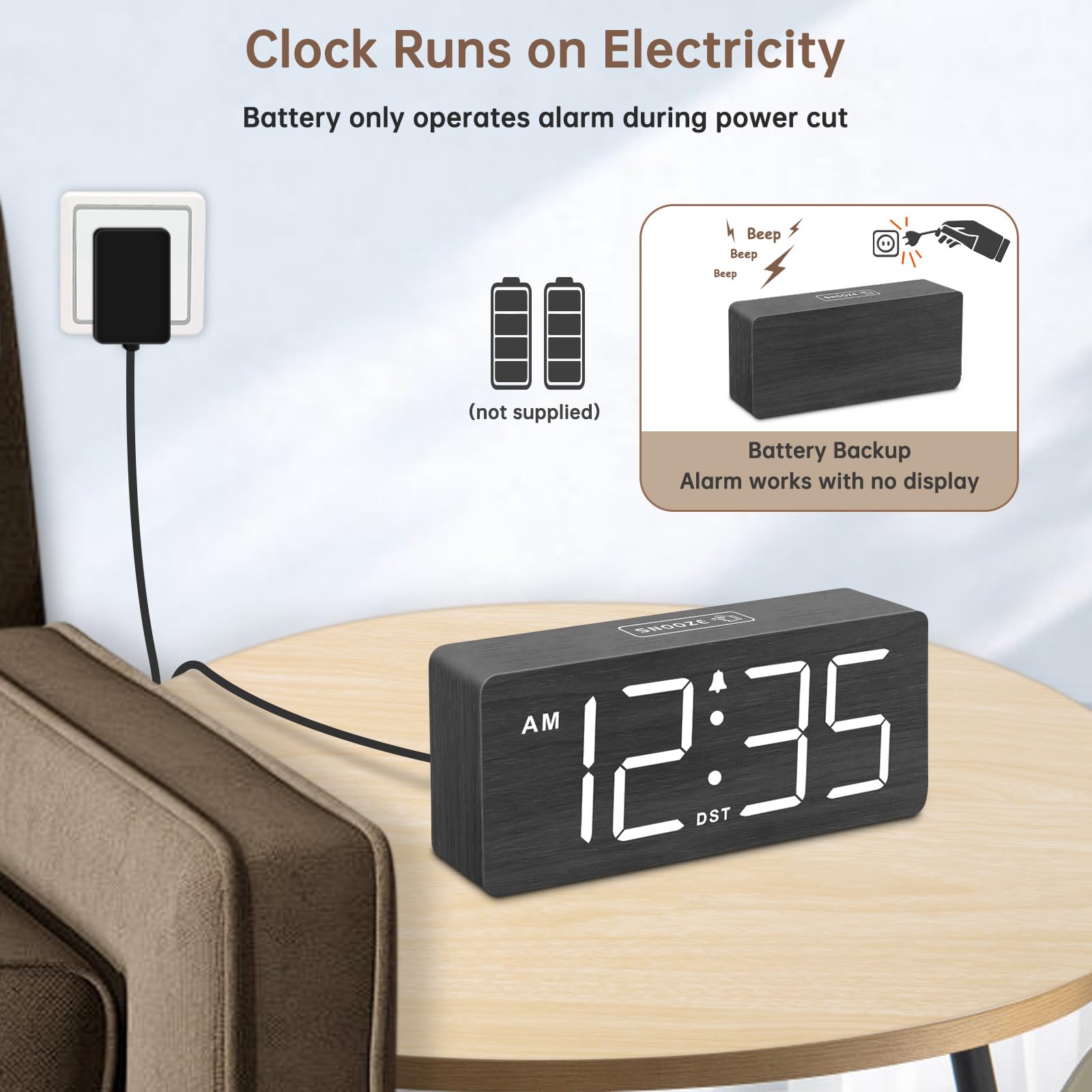 DreamSky Wooden Digital Alarm Clock for Bedroom - Loud Alarm Clock for Heavy Sleepers with Volume Control, Desk Clocks for Livin