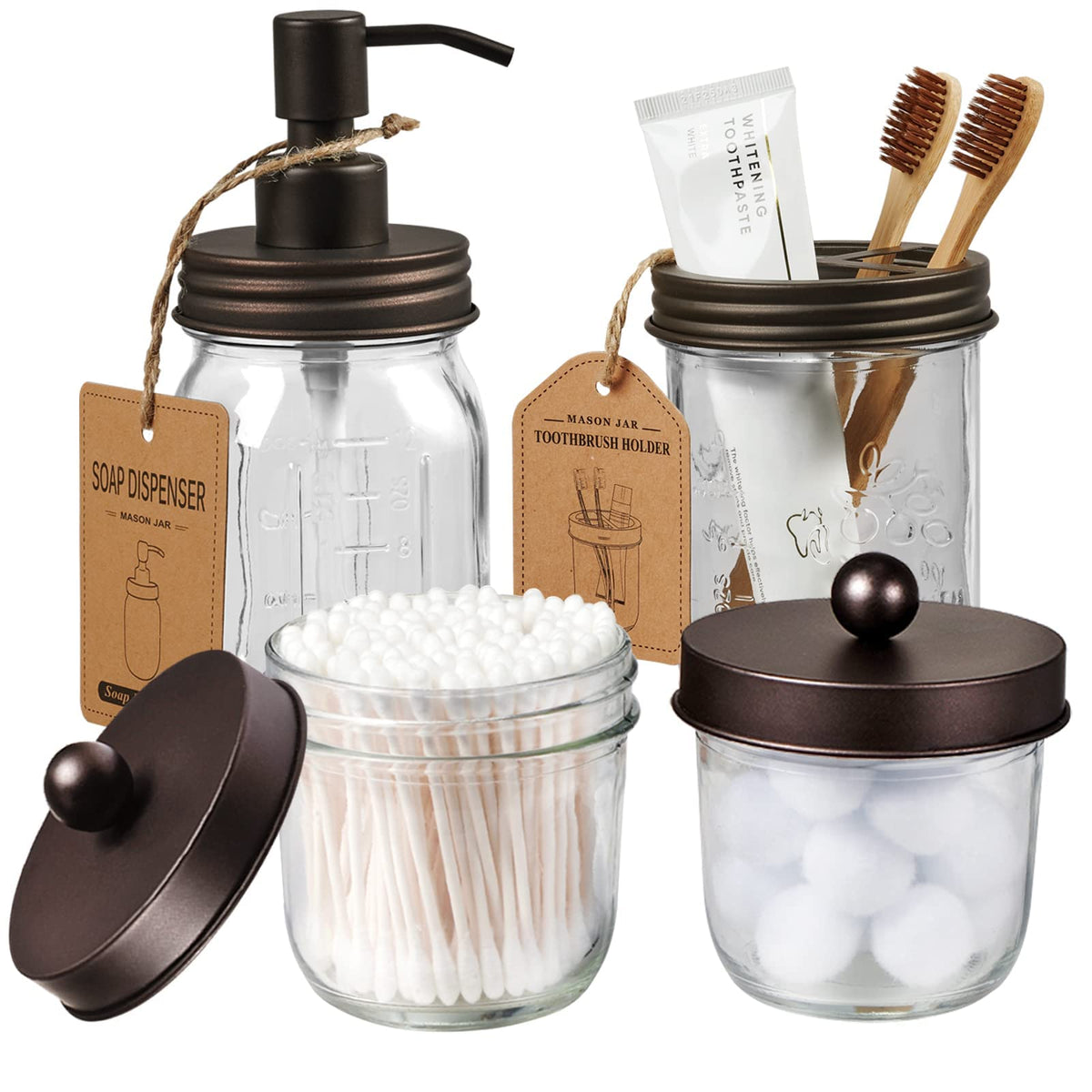 Amolliar Mason Jar Bathroom Accessories Set(4 Pack) -Bronze-Lotion Soap Dispenser&Qtip Holder Set&Toothbrush Holder-Rustic Farmh
