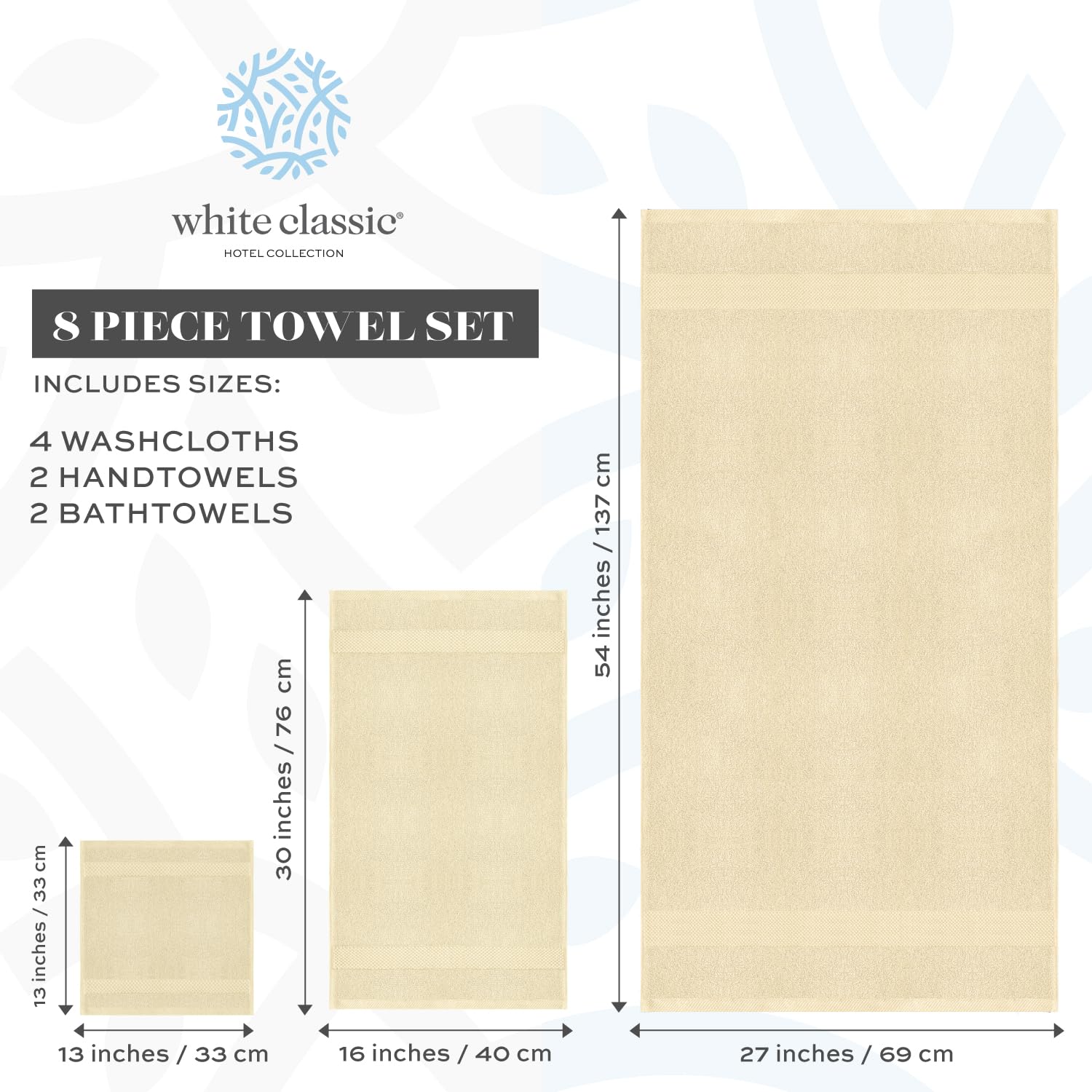 White Classic Luxury Beige Bath Towel Set - Combed Cotton Hotel Quality Absorbent 8 Piece Towels | 2 Bath Towels | 2 Hand Towels
