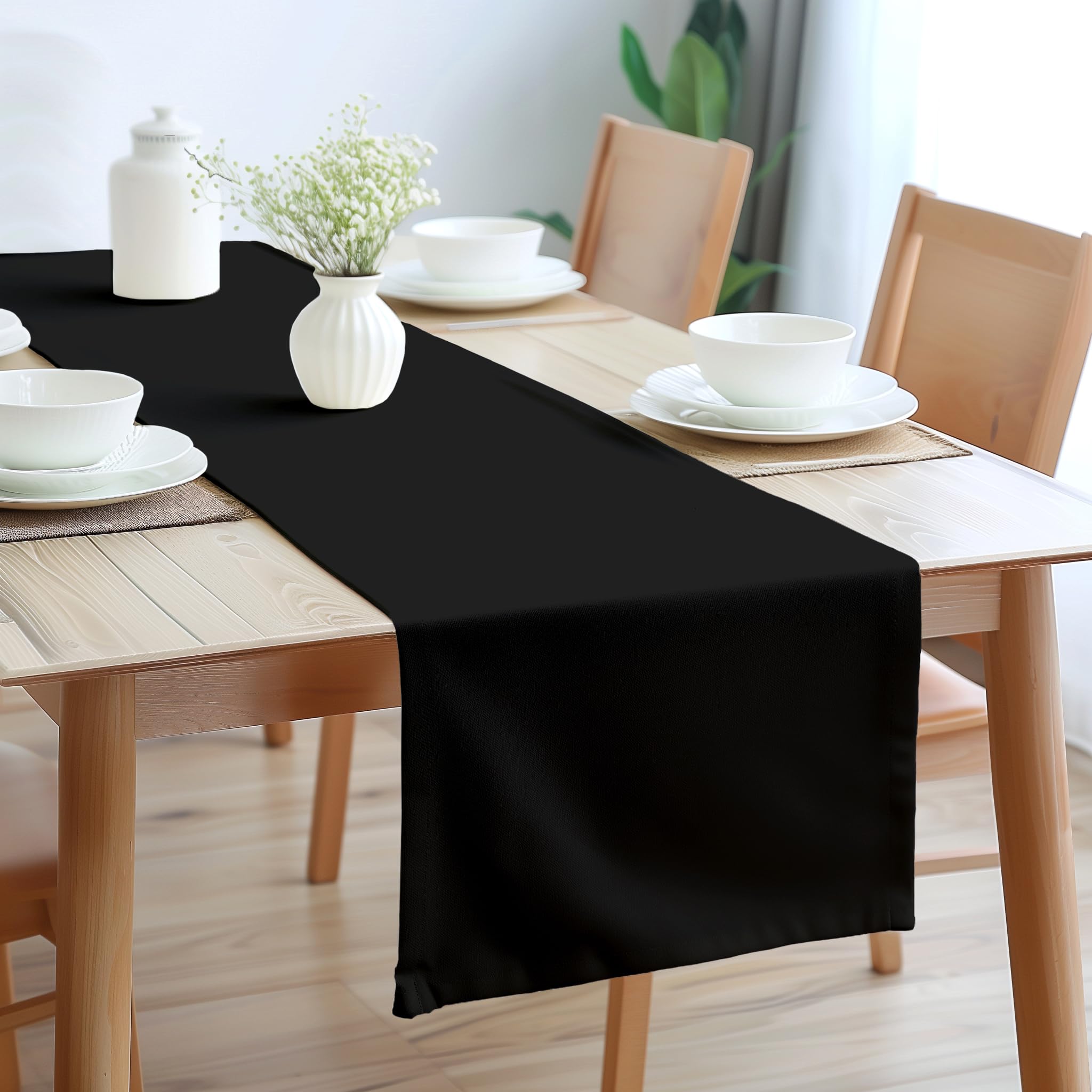Encasa Table Runner 13X72 In Long | Cotton Canvas Fabric | Jet Black Solid Color | Machine Washable & Durable