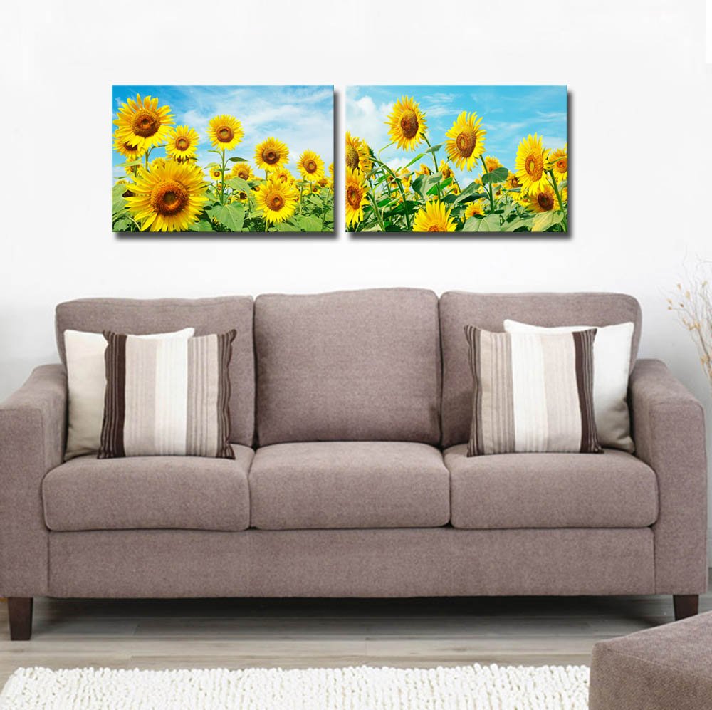 Wall26 - Canvas Prints Wall Art - Sunflower Field Under Blue Sunny Sky | Modern Wall Decor/Home Decoration Stretched Gallery Can
