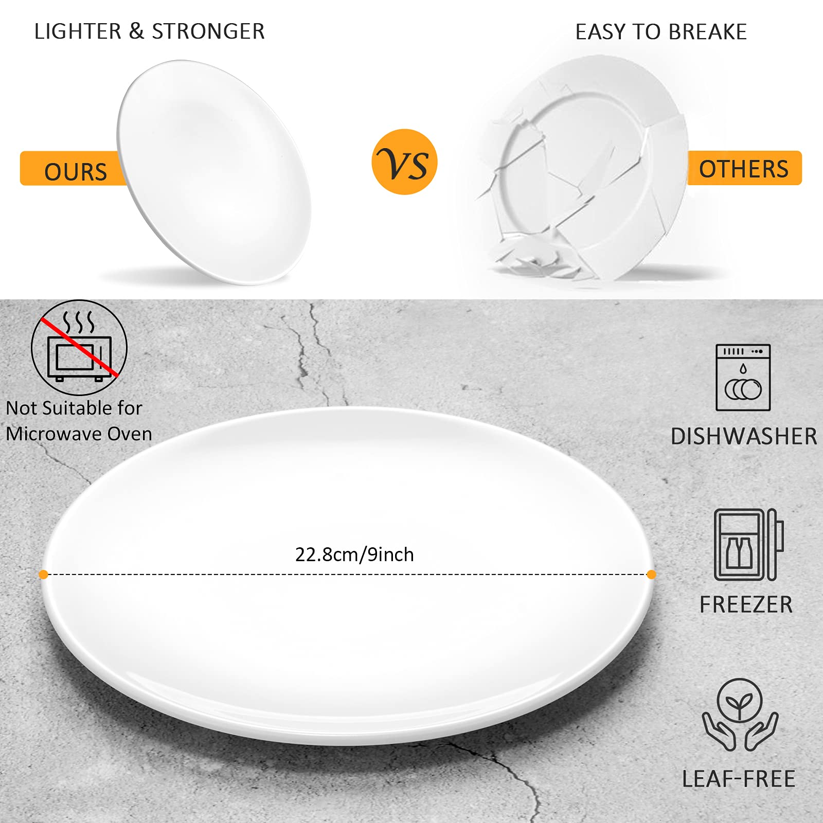 Hsdt Melamine Dinner Plates,Round,Flat Bottom,White,9 Inches,Set Of 6,Pyw-9-06