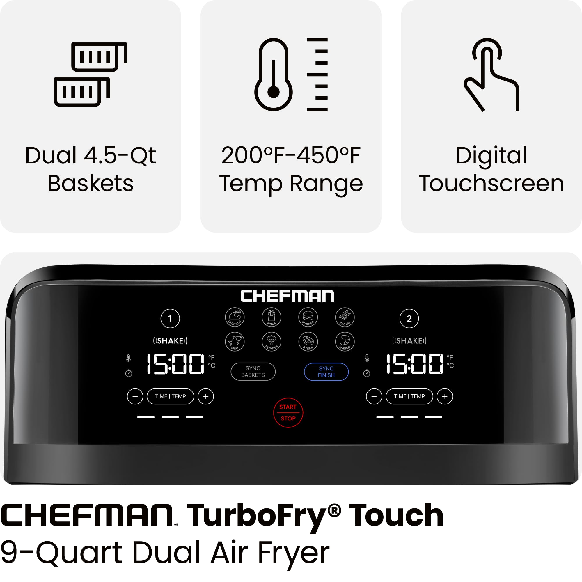 Chefman TurboFry Touch Dual Air Fryer  Maximize The Healthiest Meals With Double Basket Capacity  One-Touch Digital Controls And Shake Reminder For The Perfect Crispy And Low-Calorie Finish