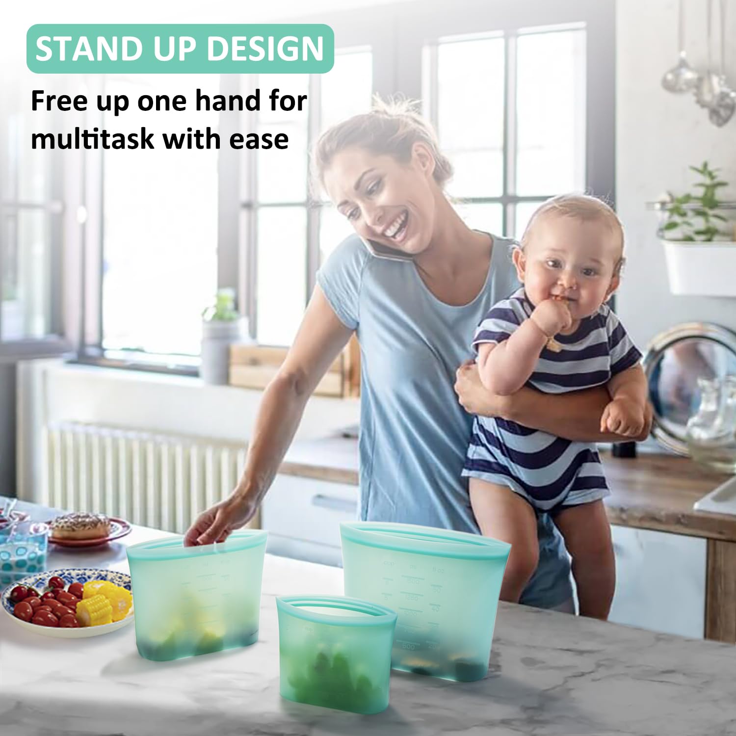 Annaklin Reusable Food Bags, 8 Pack 100% Silicone Food Storage Bags Stand Up Zip Silicone Bags For Food Container, Freezer Micro