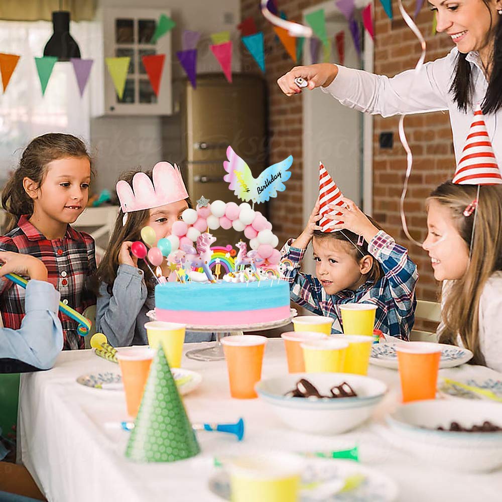 Movinpe Unicorn Cake Topper, Magic Unicorns Sculpture, Pink Hairball Arch, Rainbow, Wings Birthday Banner, Cloud, Balloon, Stars