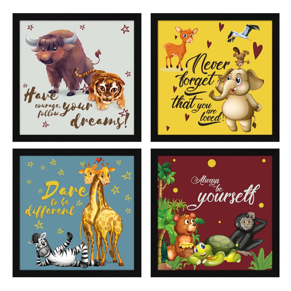 Artx Set Of 4 Cartoons Animals Kids Room Wall Art Painting, Framed Paintings 20 X 20 Inches, 10 X 10 Each, Multicolor, Synthetic
