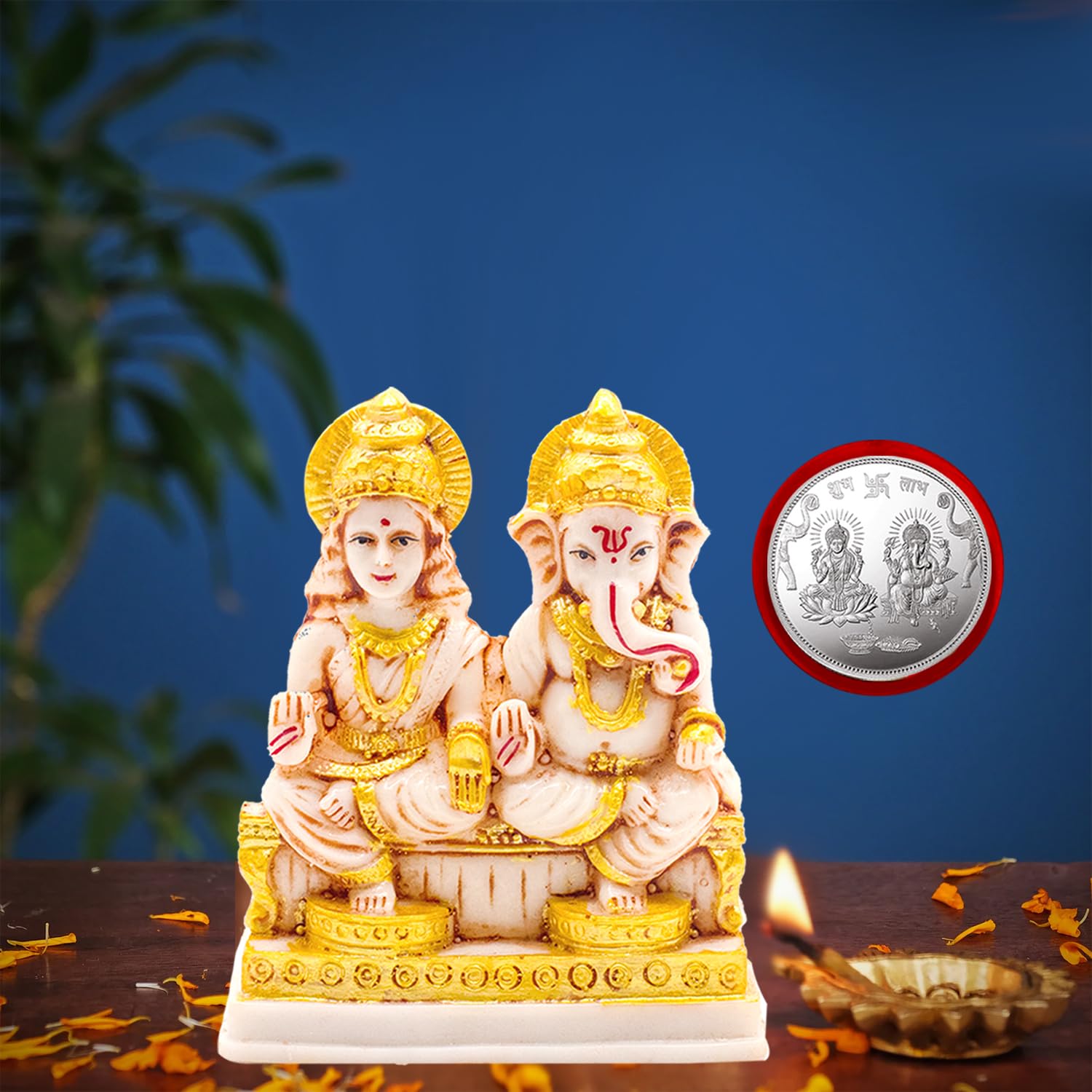 Kitlyn Sri Hindu Religious God Laxmi Ganesh Idol Sculpture Statue | Laxmi Ganesh Silver Coin Religious Idol & Figurine (Polyresi