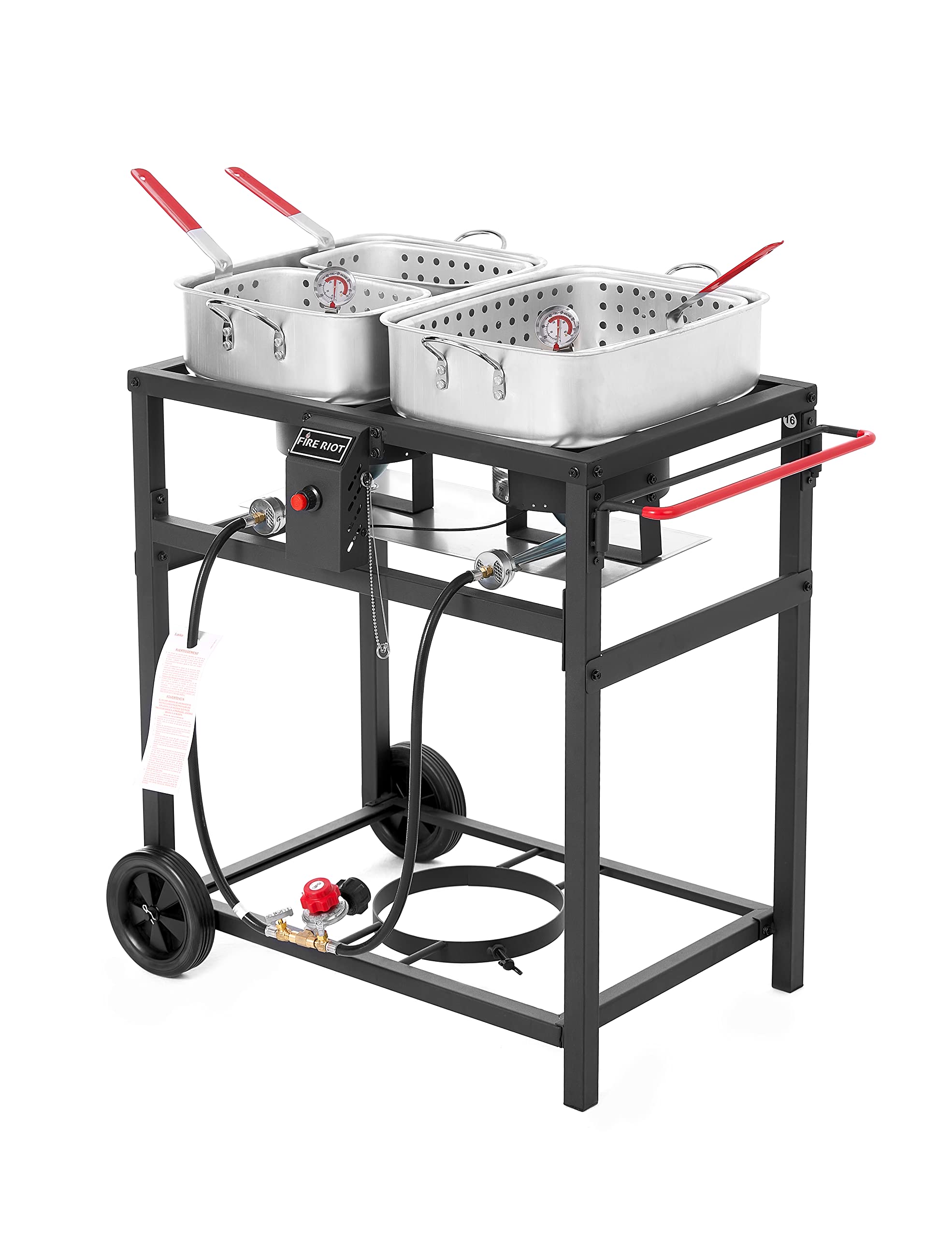 Fire Riot Propane Outdoor Double Burner Deep Fryer Cart, 2-18Qt Aluminum Pots & Frying Baskets, Best For Fish Fry, Wings, Fries,