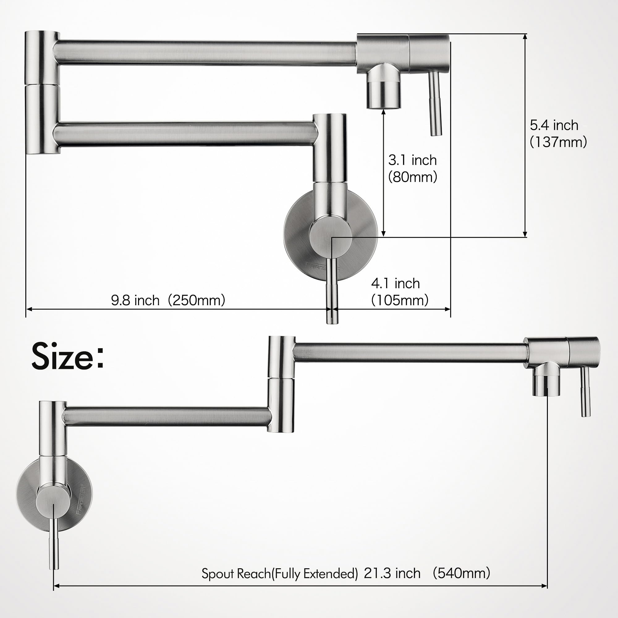 Fransiton Brushed Nickel Pot Filler, Pot Filler Faucet Wall Mount, Brass Folding Stretchable With Double Joint Swing Arm Single