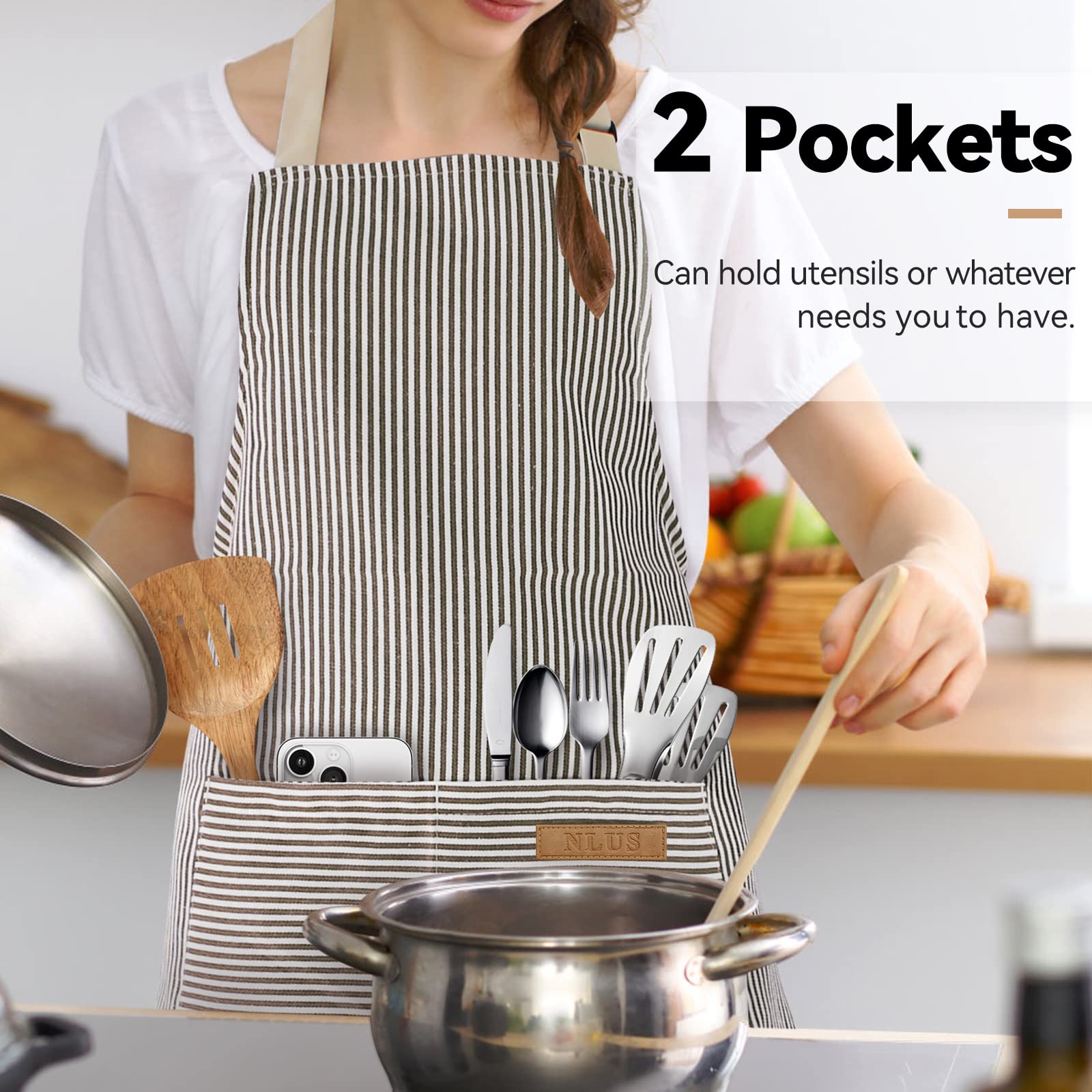 Nlus 2 Pack Kitchen Cooking Aprons, Adjustable Bib Soft Chef Apron With 2 Pockets For Men Women(Black/Brown Stripes)