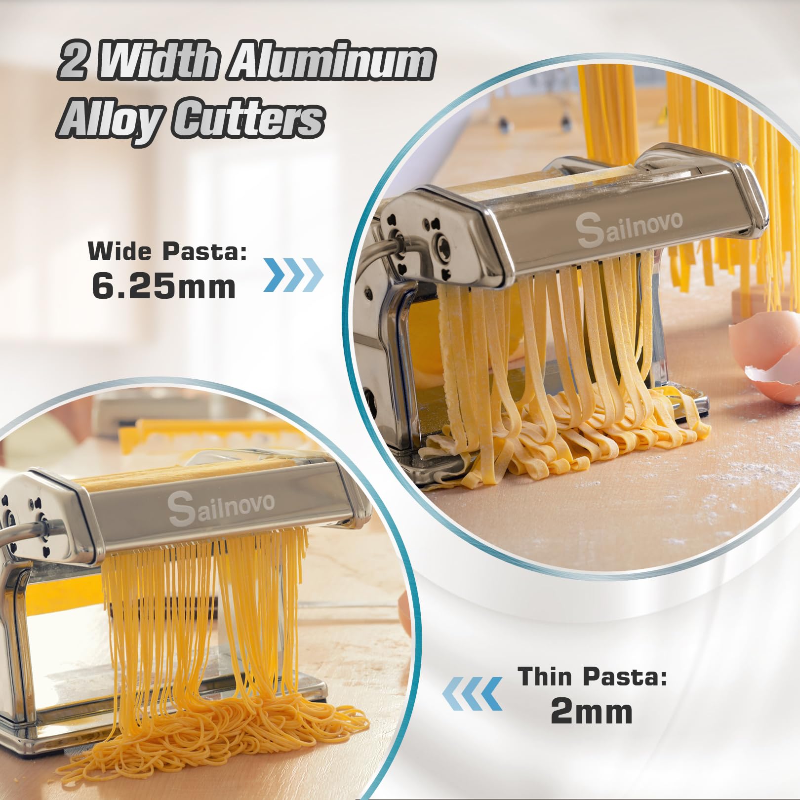 Sailnovo Pasta Maker Machine, 180 Roller, 9 Thickness Settings, 9.4x11.8x7 inches, Aluminum, Silver, Model Machine1