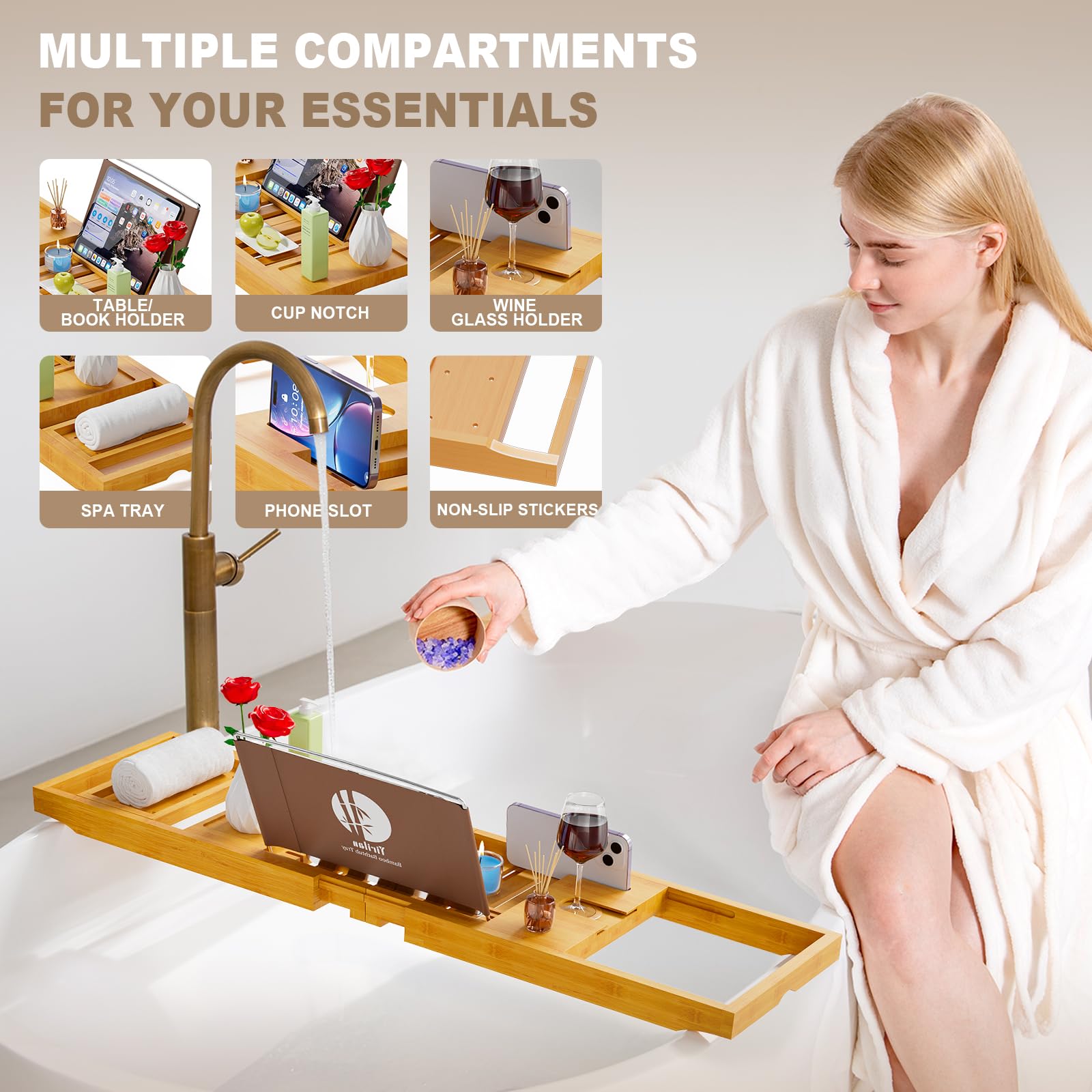 Yirilan Bamboo Bathtub Tray Caddy, Expandable Wooden Bathroom Tray, Luxury Bamboo Bathtub Tray, Bath Tub Table Caddy, Bamboo