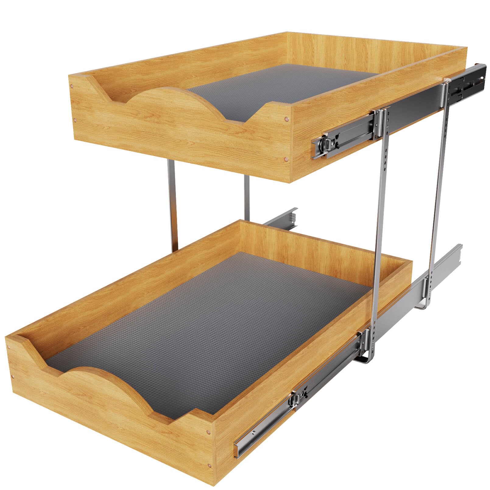 Ocg Pull Out Drawers For Cabinets 14''W X 21''D, 2 Tier Heavy-Duty Slide Out Wood Drawer Shelf, Pull Out Drawer For Cabinets, Ba