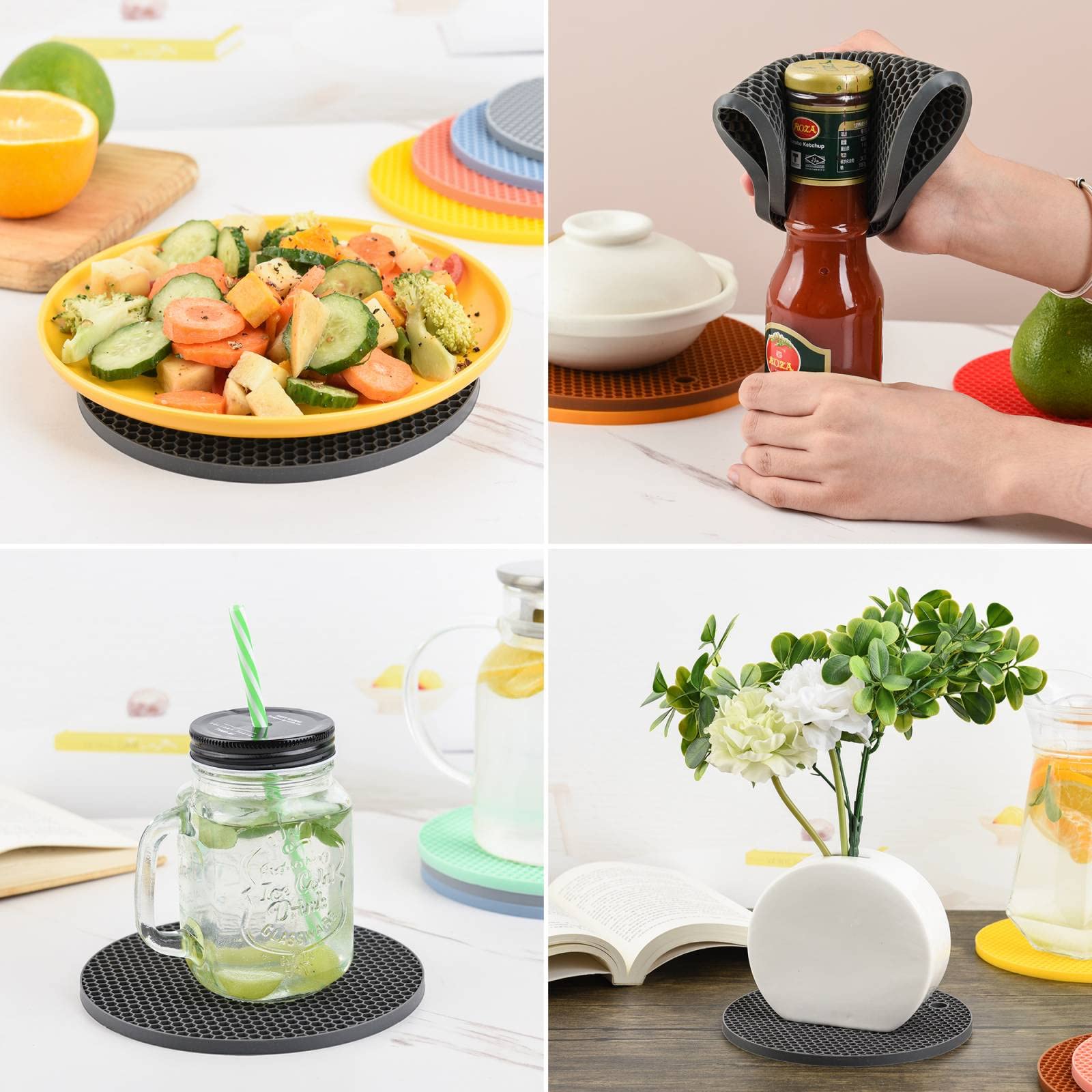 Smithcraft Silicone Trivets For Hot Dishes, Pots & Pans, Round Pot Holders, Hot Pads For Kitchen Counter, Jar Opener & Spoon Res