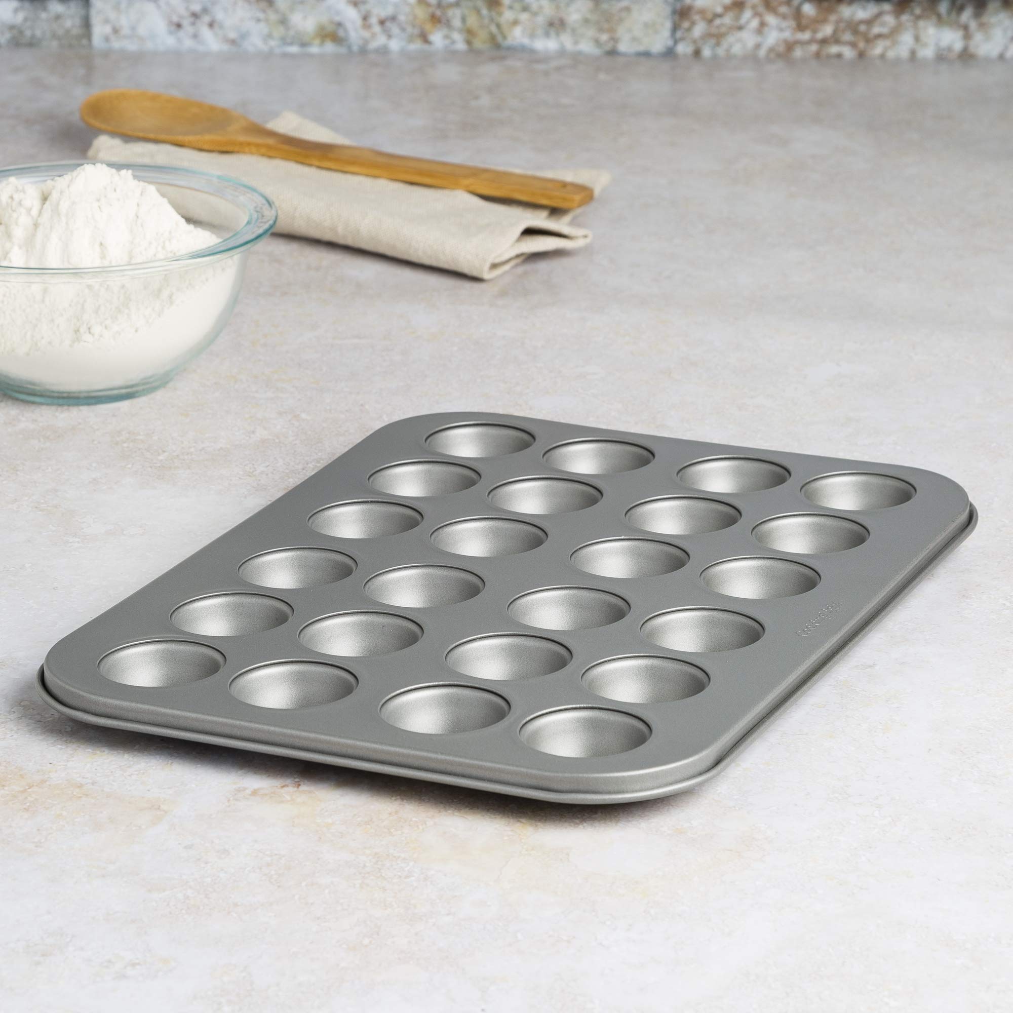 Cooking Light Mini Muffin Pan Carbon Steel Quick Release Coating, Non-Stick Bakeware, Heavy Duty Performance, 24-Cup, Gray