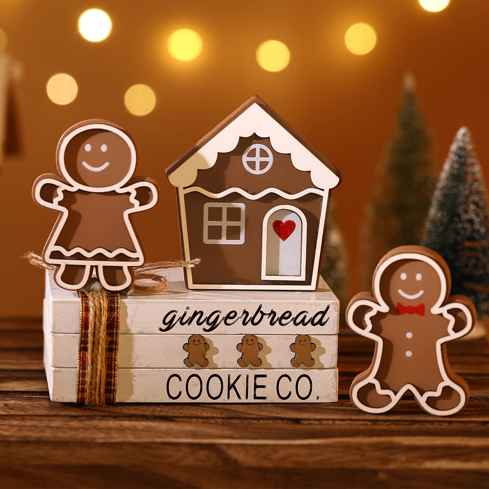 Jetec 4 Pieces Christmas Gingerbread Table Decorations Wood Xmas Tiered Tray Decor Farmhouse Gingerbread House Sign Centerpieces