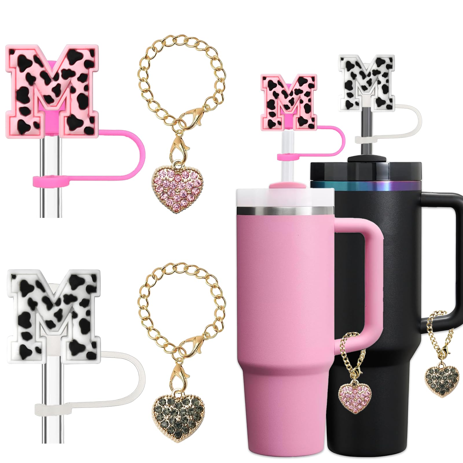 (2+2)2 Pcs Straw Cover For Stanley Cup 30 & 40 Oz Tumbler Accessories, Leopard Initial Letter Straw Topper Cap Protector Lid Wit