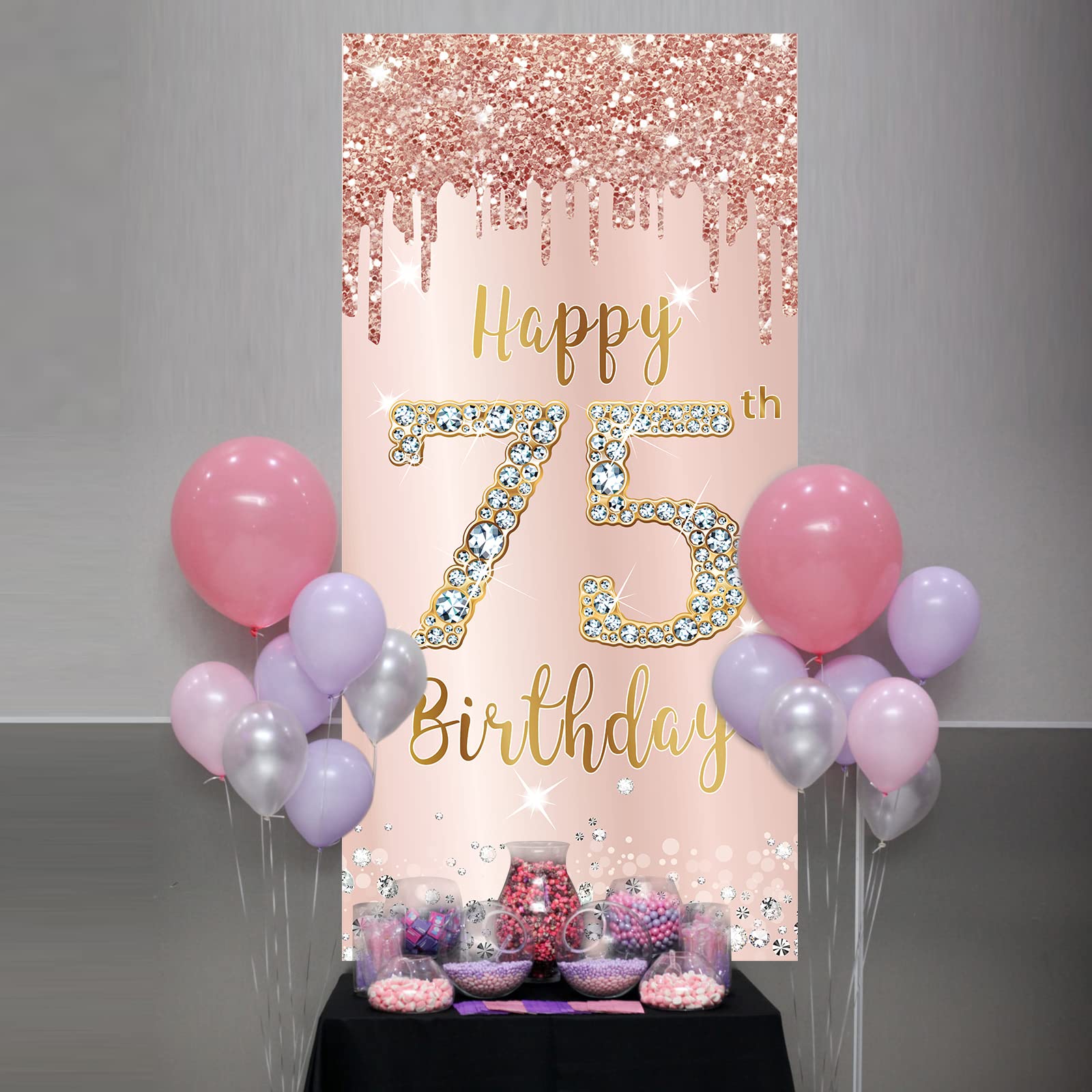 75Th Birthday Decorations Door Banner For Women, Pink Rose Gold Happy 75 Birthday Backdrop Party Supplies, 75 Year Old Birthday