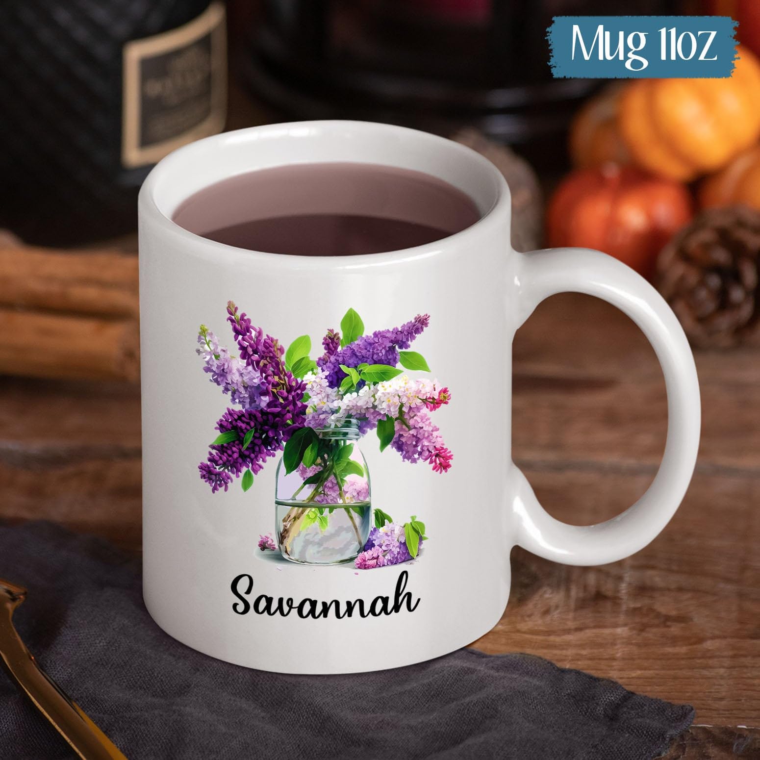 Lilac Ceramic Mug, Custom Lilac Flowers Gifts, Personalized Floral Name Tea Cup, Customized Lilac Lovers Coffee Mug, Violet Flow