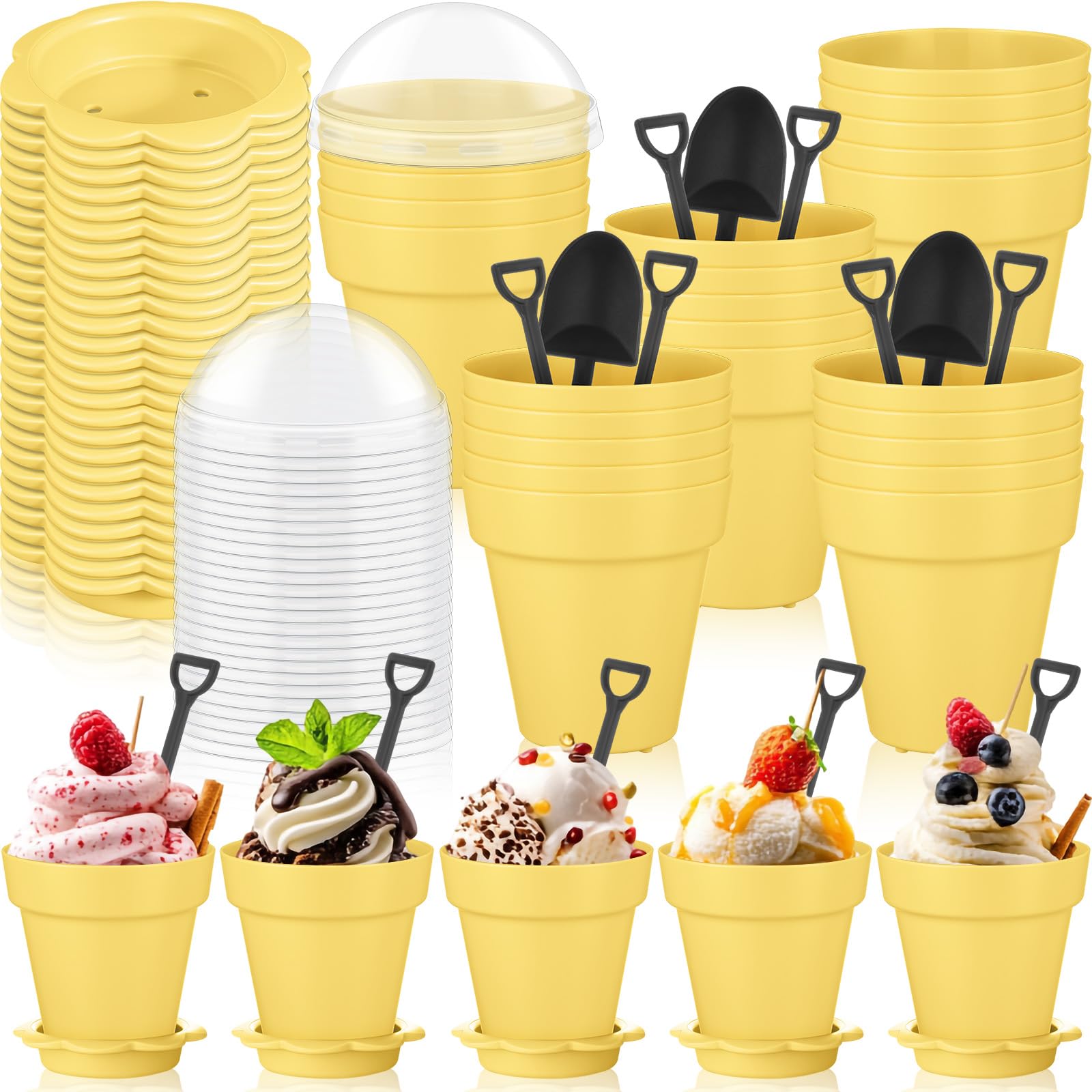 Honeydak 25 Pack Flowerpot Dessert Cup Plastic Cake Cups with Lid Shovel Spoon Mini Flower Pot Dessert Cups Ice Cream Yogurt Cup