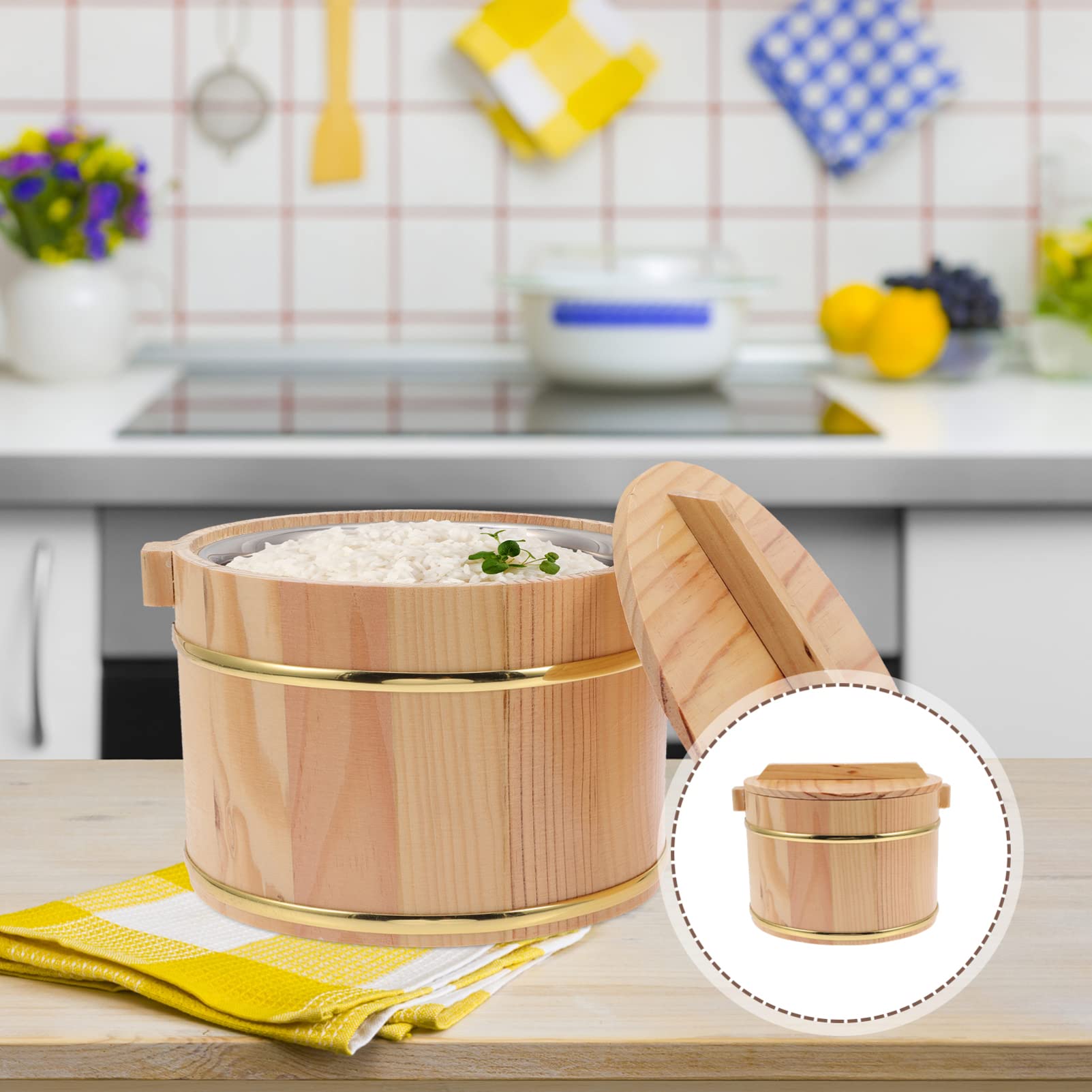 Alipis 1 Set Of Wooden Rice Bucket Rice Steamed Cask Wooden Sushi Rice Bowl Hangiri Sushi Oke Rice Mixing Tub With Lid For Home