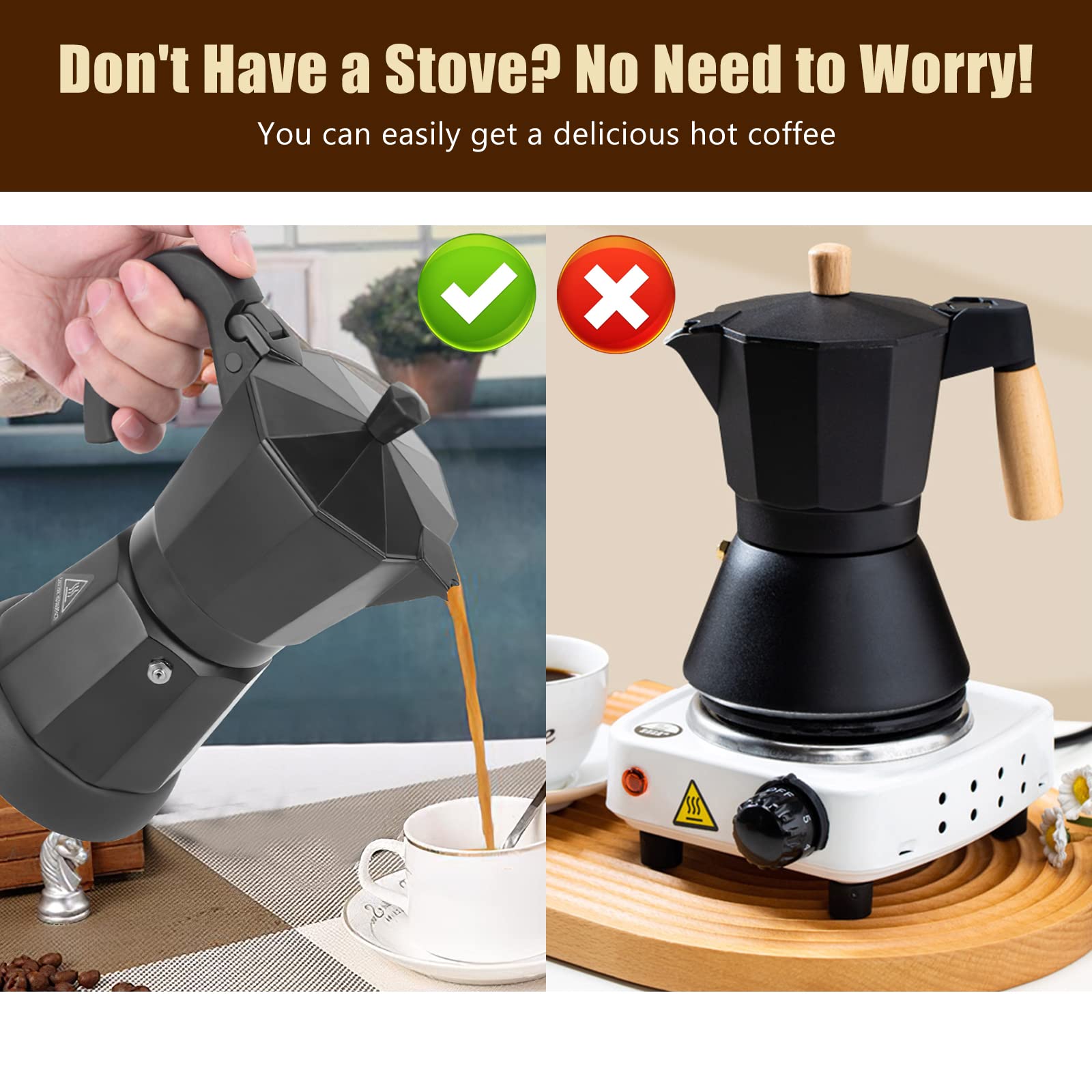 SHANGSKY Electric Moka Pot 6 Cup, Portable Aluminum Espresso Maker, Black, Model CO-01