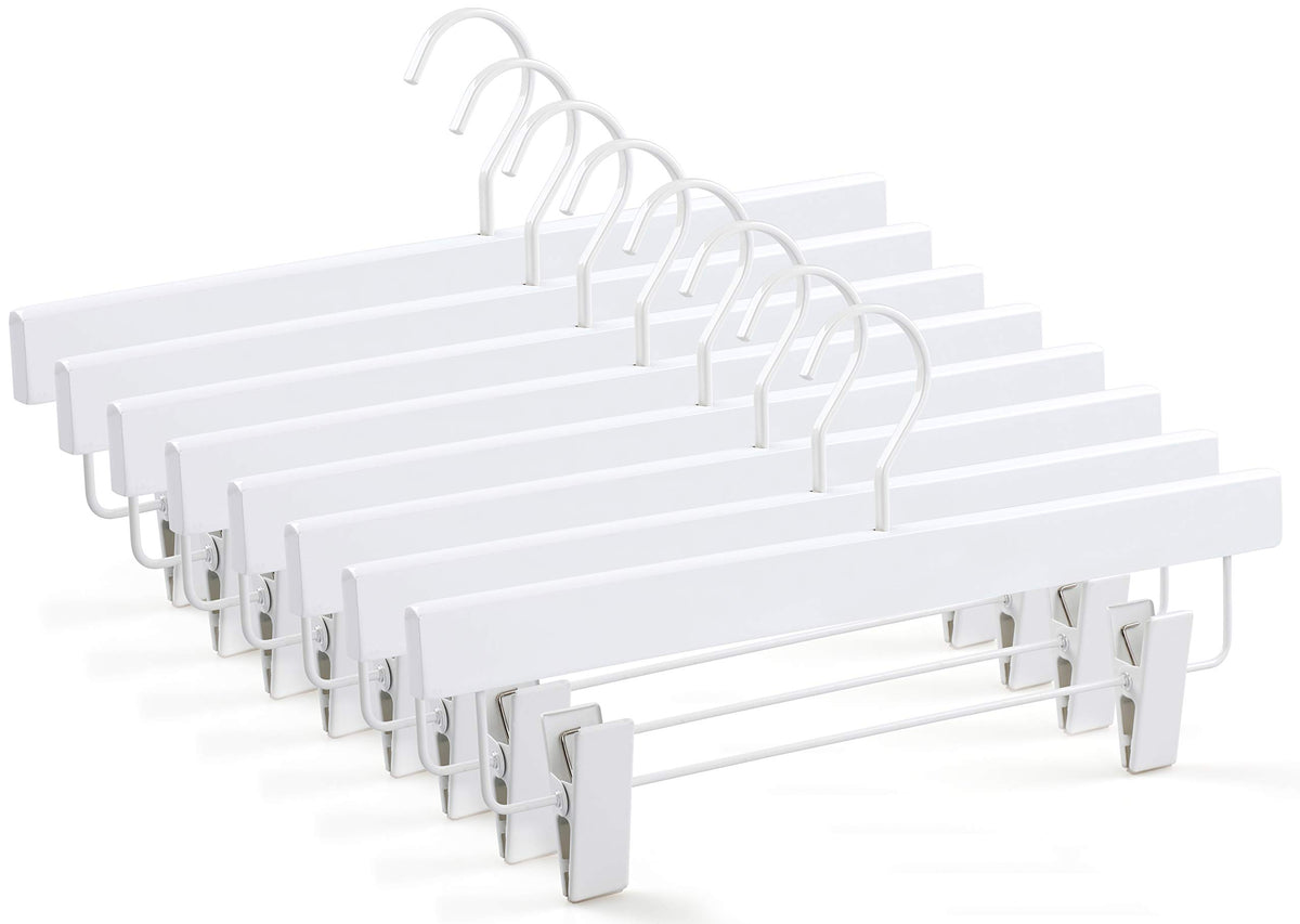 Topia Hanger All White Wooden Pants Hangers, Wood Skirt Hangers With Clips, Deluxe Jeans Hanger With 360Swivel Anti-Rust Flat Ho