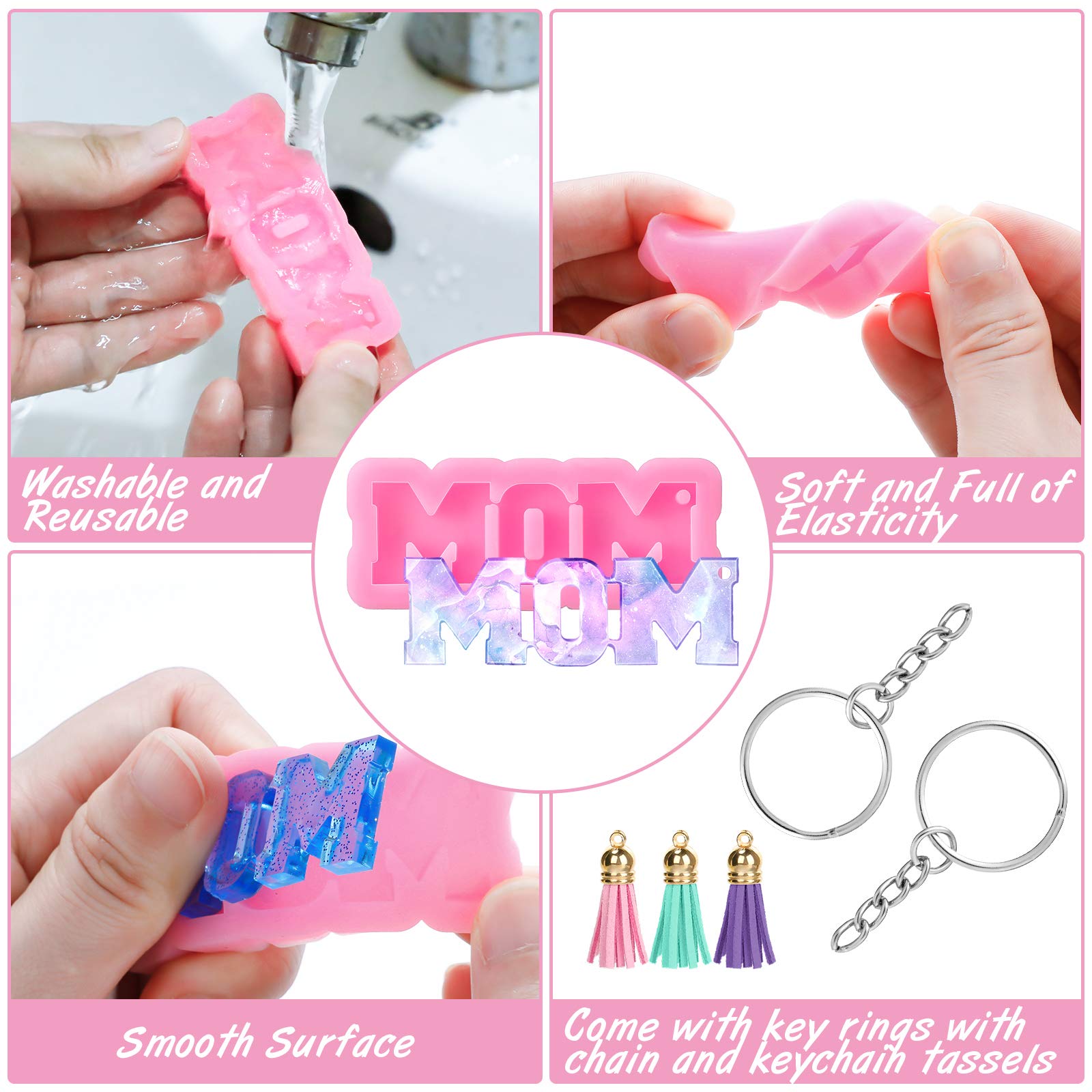 2 Pieces Mom Word Silicone Keychain Resin Mold Mother Day Gift Candy Fondant Mold With Hole 20 Pieces Keychain Rings 20 Pieces K