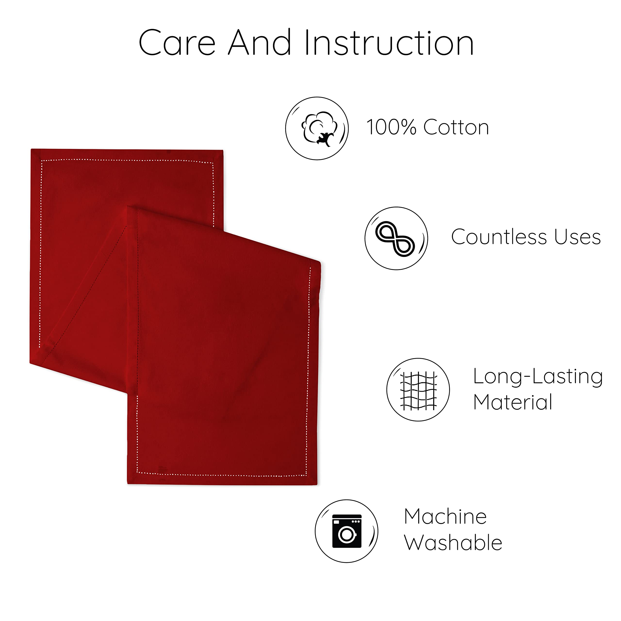 Encasa Homes Cotton Hemstitched Table Runner 16x60 inch - Red, Machine Washable for Dining, Parties, Cafes, Restaurants - Model TR-005