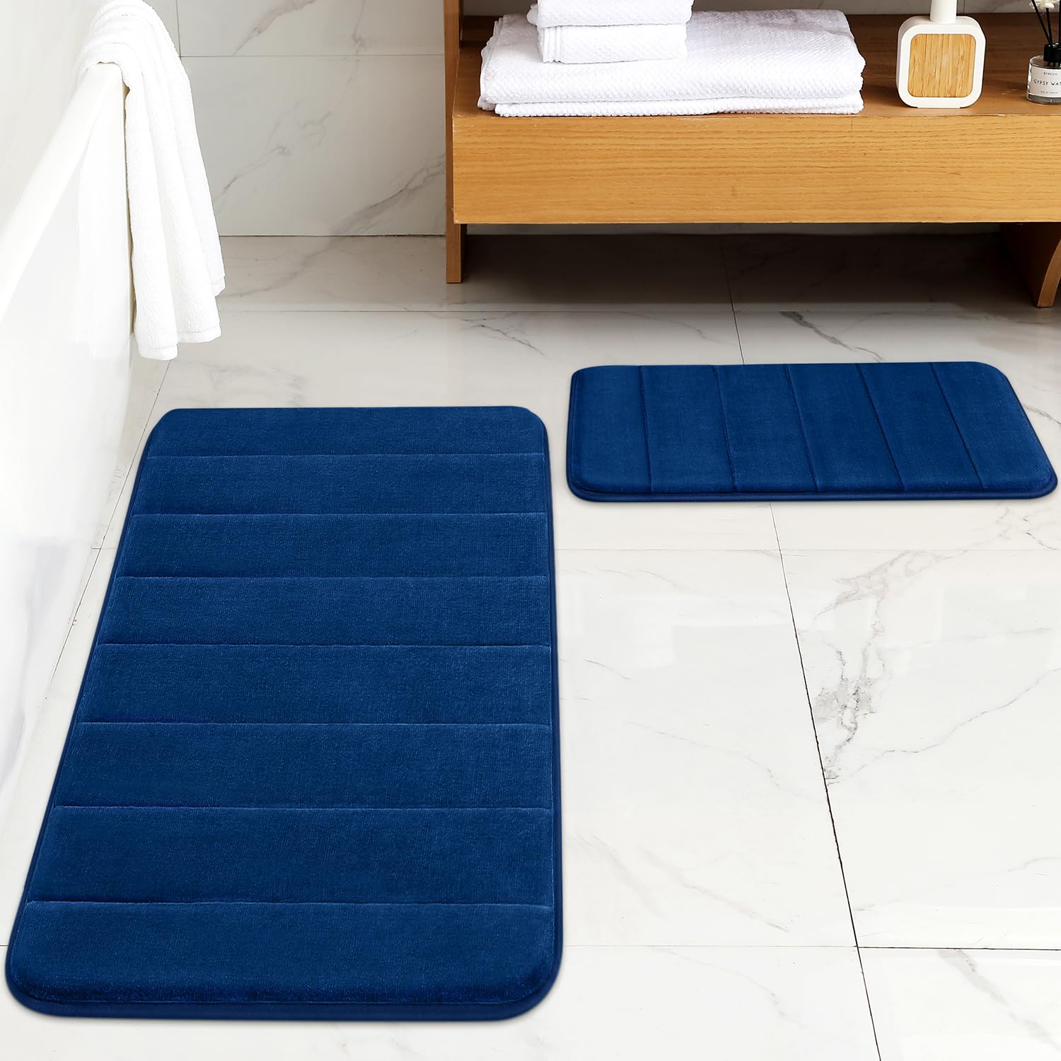 Bysure Bathroom Rugs Sets 2 Piece, Memory Foam Non Slip Extra Soft Absorbent Machine Washable Toilet Bath Mats (Navy Blue, 17X24