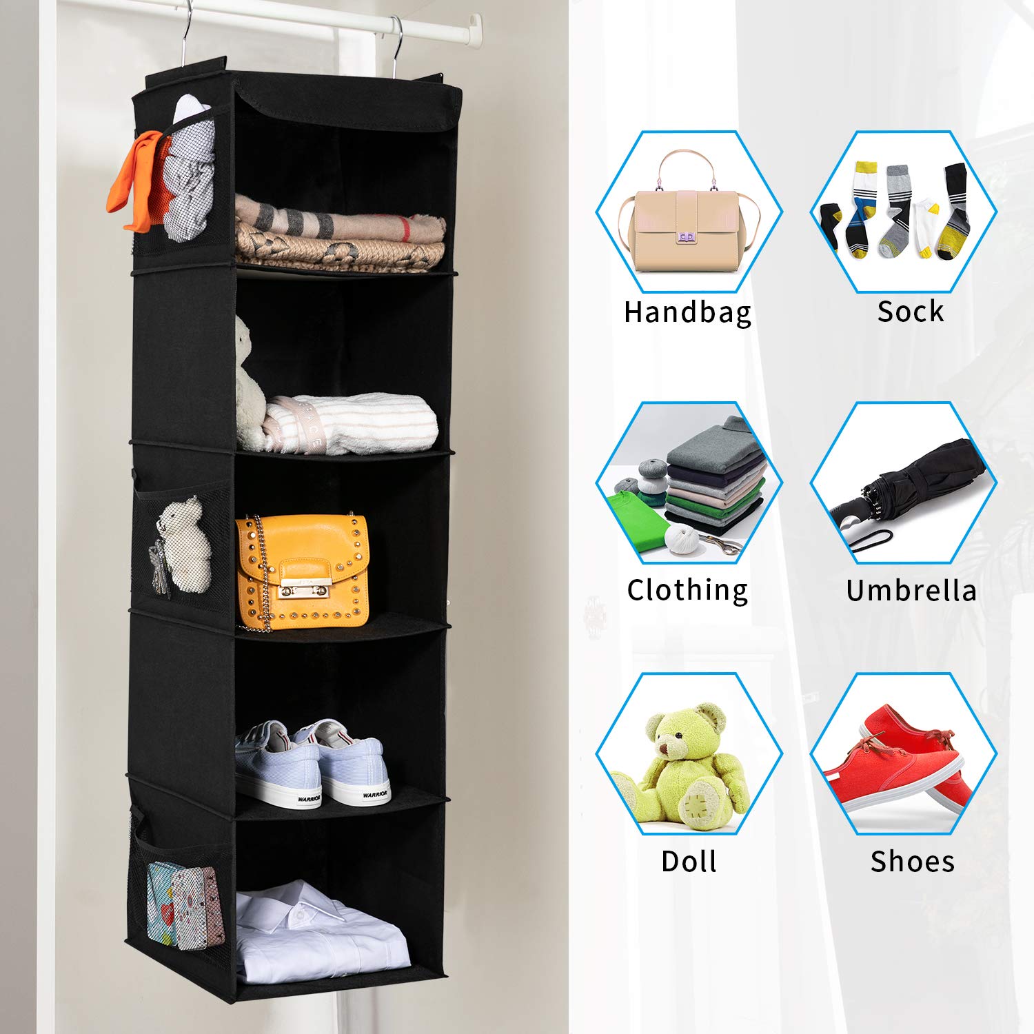 BrilliantJo 2 Pack Hanging Closet Organizer  5 Shelves Hanging Storage with 6 Side Pockets for Clothes Shoes  43''x12''x12''(Black)