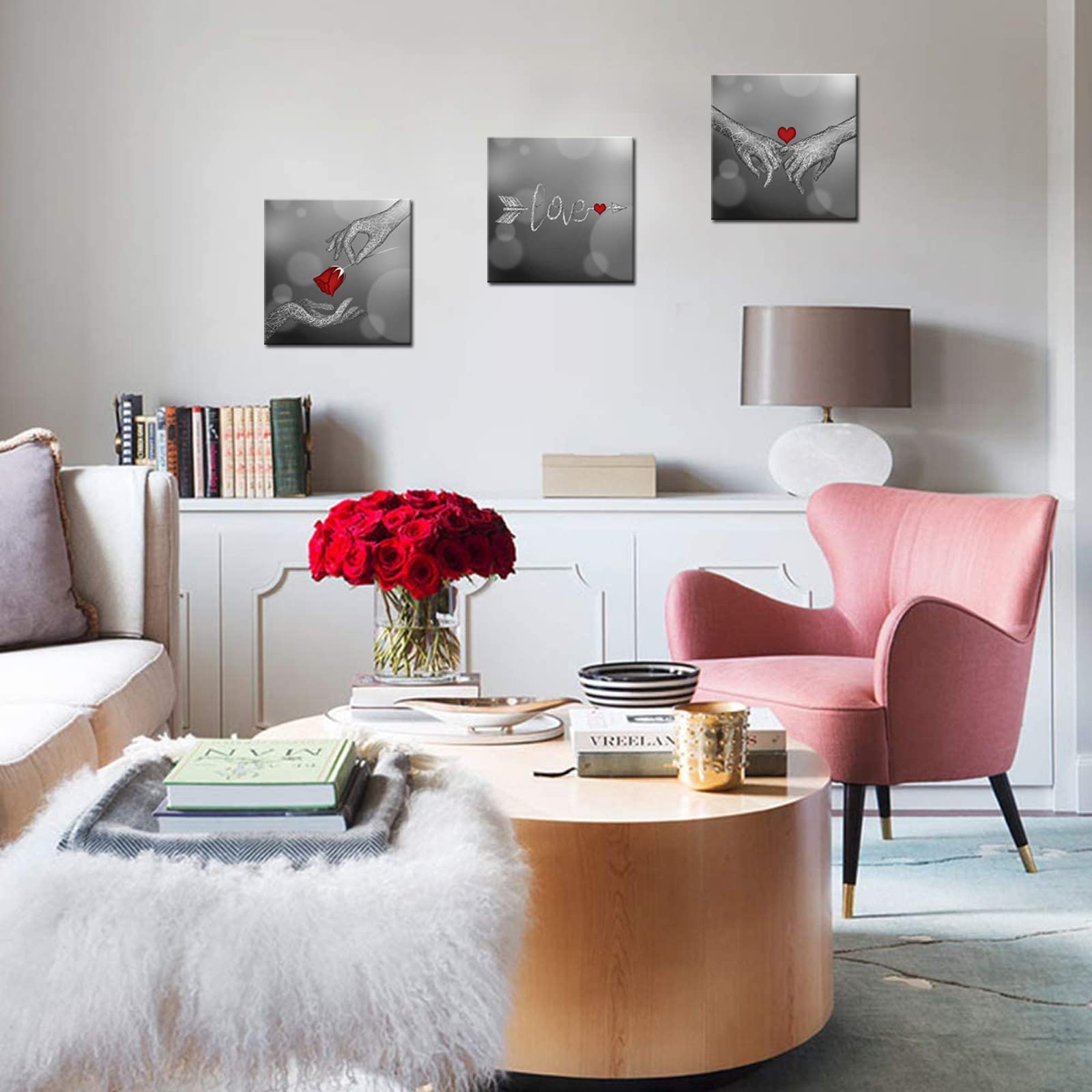 Biuteawal Love and Hand in Hand Wall Art Red Rose Floral Heart Painting Canvas Print Romantic Picture Poster Home Bedroom Bathroom Decor Valentine's Day Gift Black and White Artwork