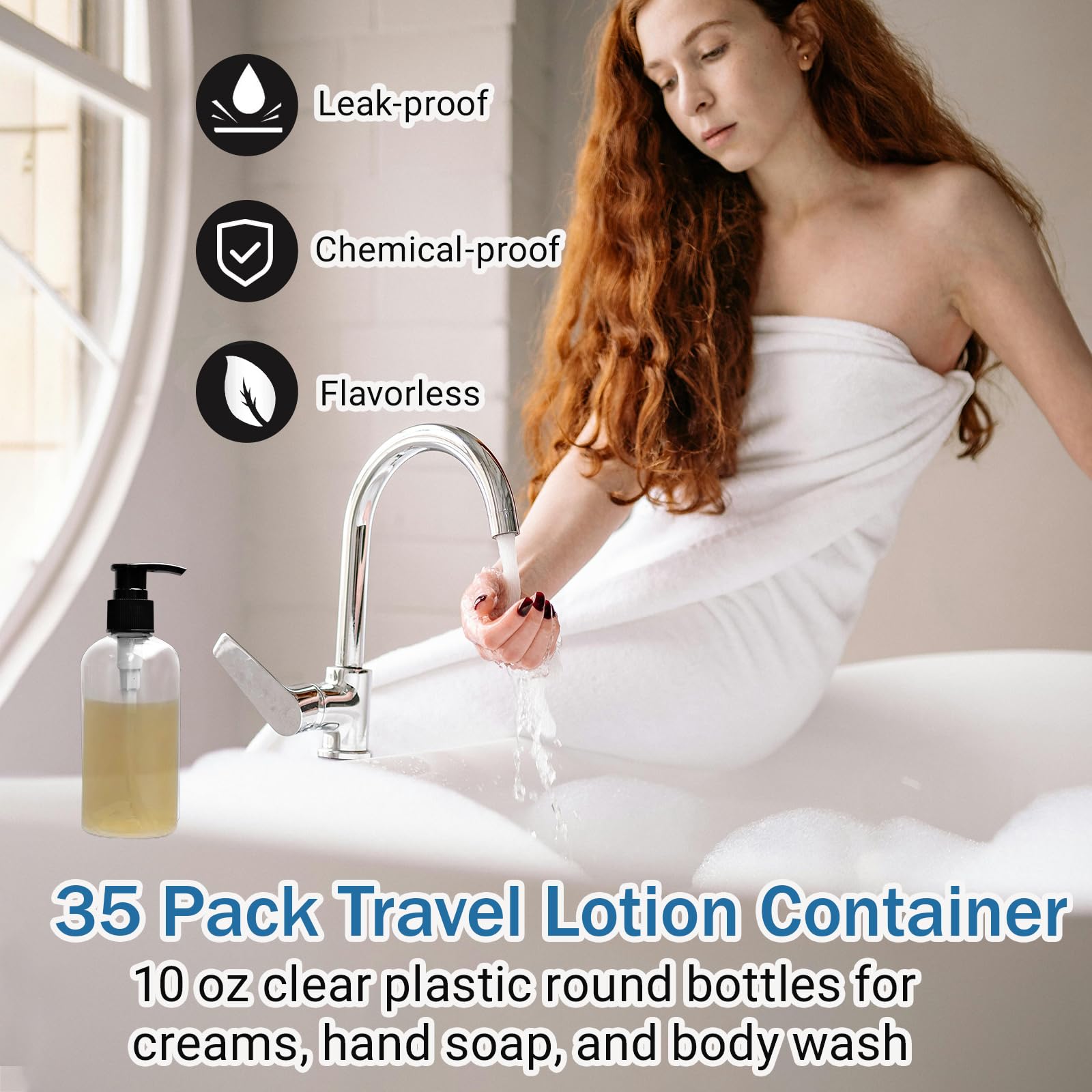 LECEHIVO 35 Pcs 10 oz Plastic Pump Bottle Dispenser with Labels, Empty Lotion Clear Bottle with Pump Portable Refillable Travel