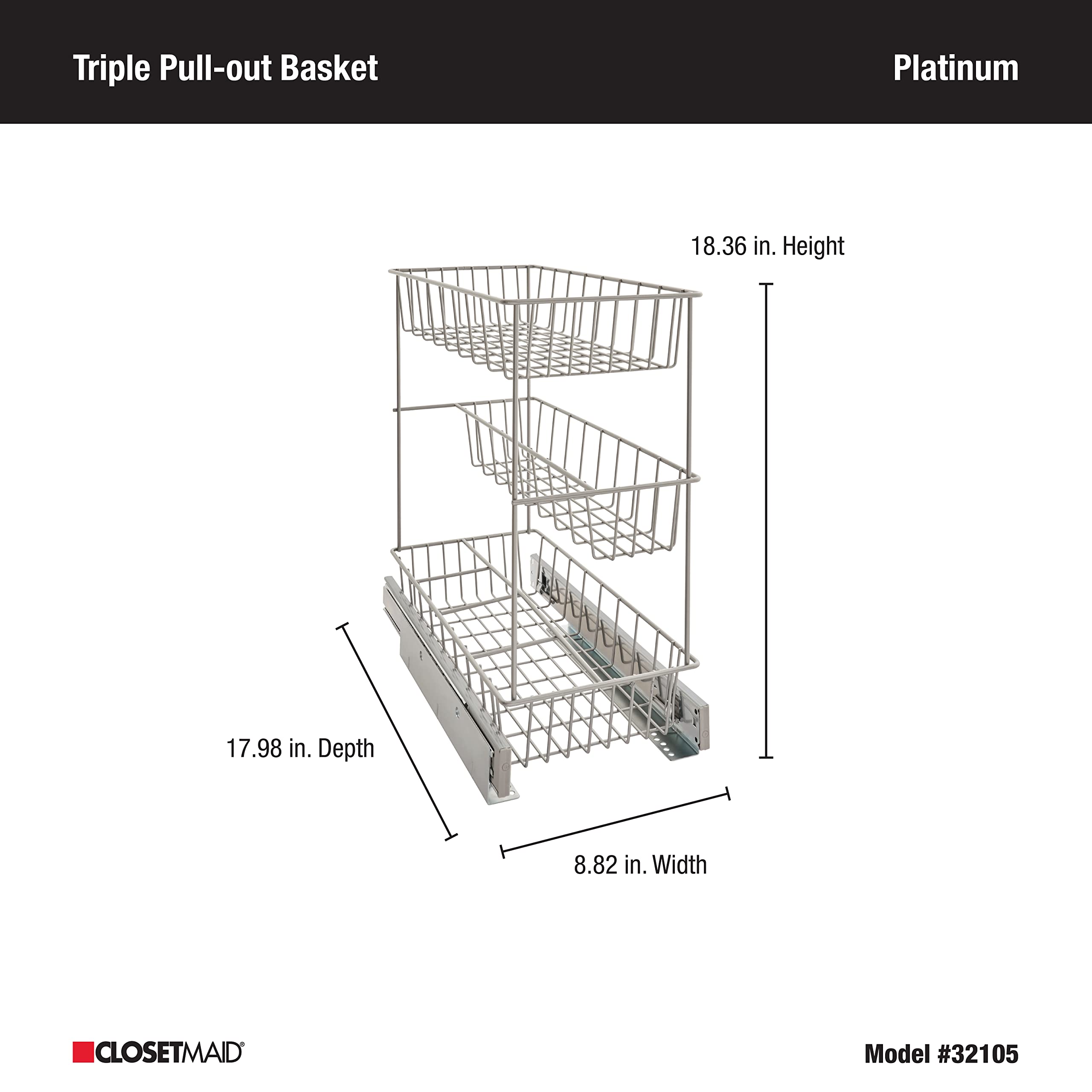 Closetmaid,Alloy Steel 32105 Premium Wide 3-Tier Compact Kitchen Cabinet Pull-Out Basket,12 Liters 8.75-Inch