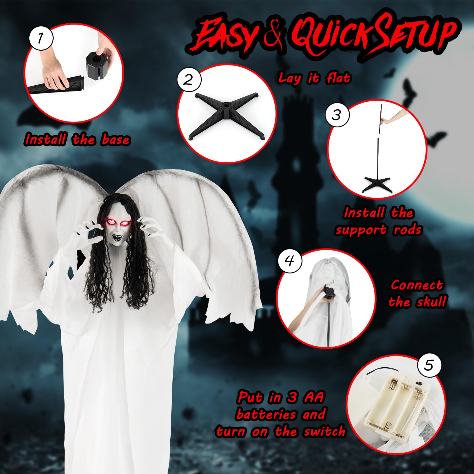Tangkula Halloween Animatronic Standing Angel, 6.6 FT Haunted House Decoration w/Sound-Activated Light-up Eyes, Sounds & Flappin