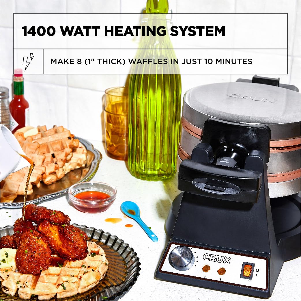 Crux Double Rotating Belgian Waffle Maker, Keto Chaffles Iron With Nonstick Pfoa Free Copper Plates For Easy Food Release, Brown