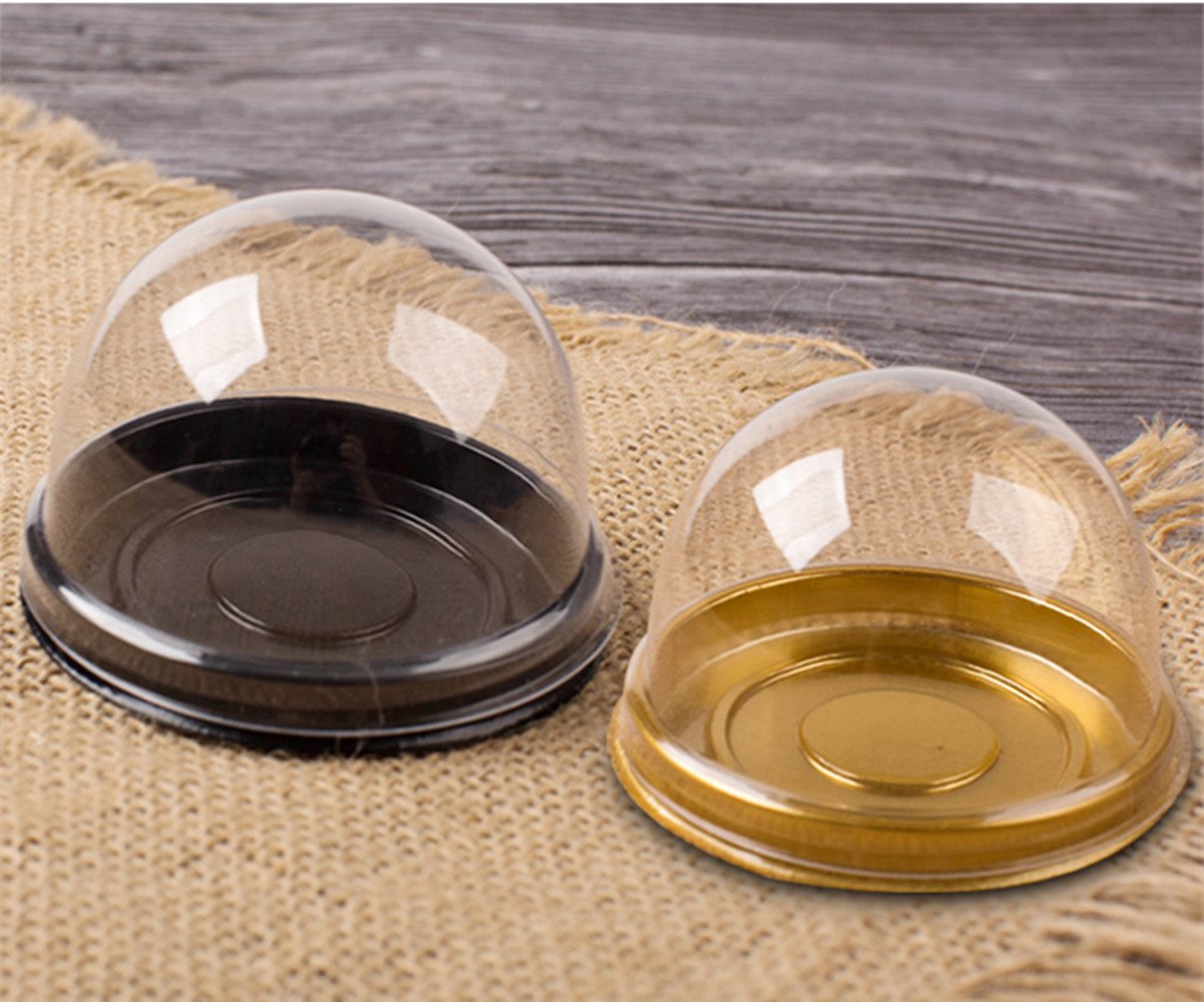Bbc Bakery Clear Dome Cake Box Plastic Food Container With Lid, Black/Golden Color, 2.9 Inch Bottom, 50 Sets (Gold)