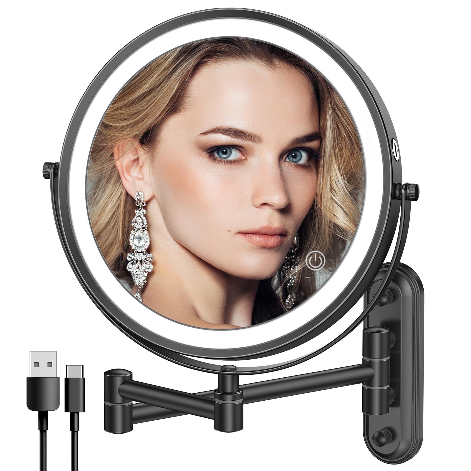 Rocollos Rechargeable Lighted Wall Mounted Makeup Mirror With 3 Color Lights,Dimmable Touch Screen,8 Inch Led Double Sided 1X/10