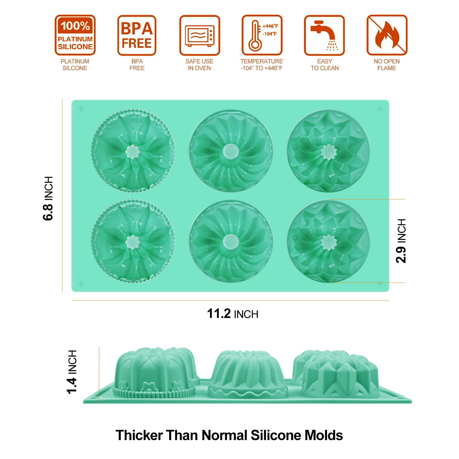 HUAKENER Mini Fluted Cake Pan Set - 6-Cavity Non-Stick Silicone Mold for Cupcakes, Donuts, Brownies - Large, Color B