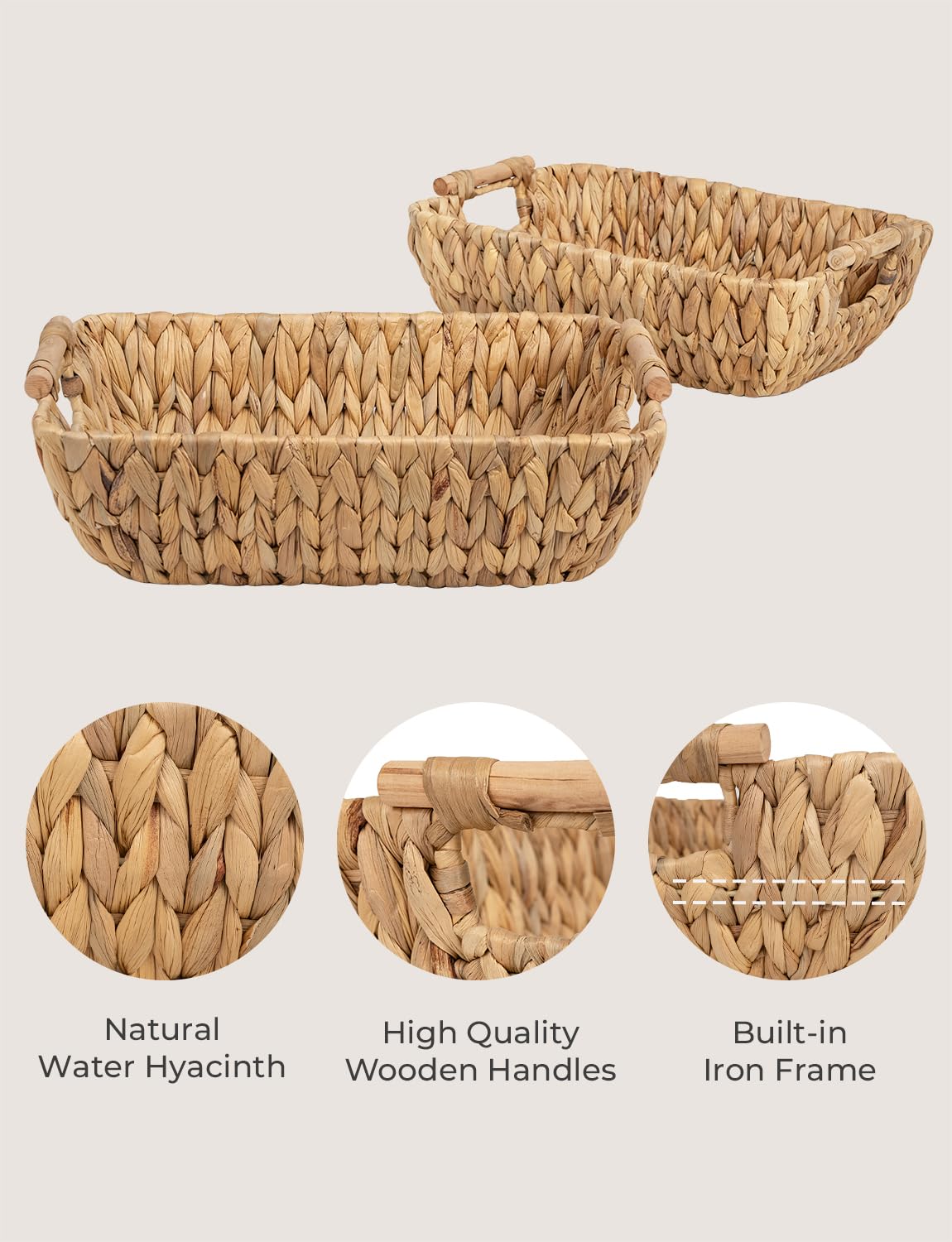 StorageWorks Hand-Woven Large Storage Baskets with Wooden Handles  Water Hyacinth Wicker Baskets for Organizing  2-Pack