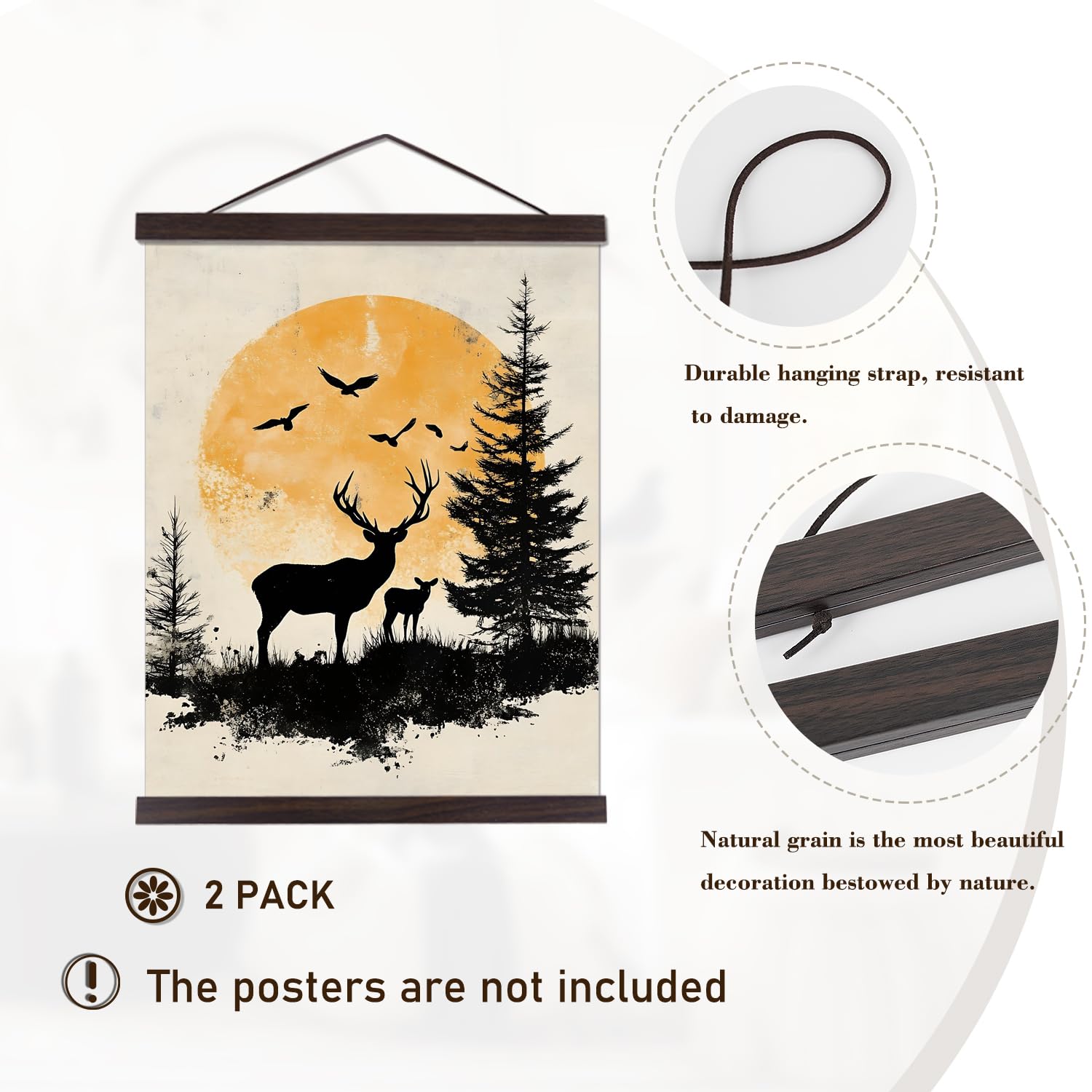 2 Pack Magnetic Poster Hanger Frame, 8X10 8X12 8X24 Light Wood Wooden Magnet Canvas Artwork Print Dowel Poster Hangers Frames Ha