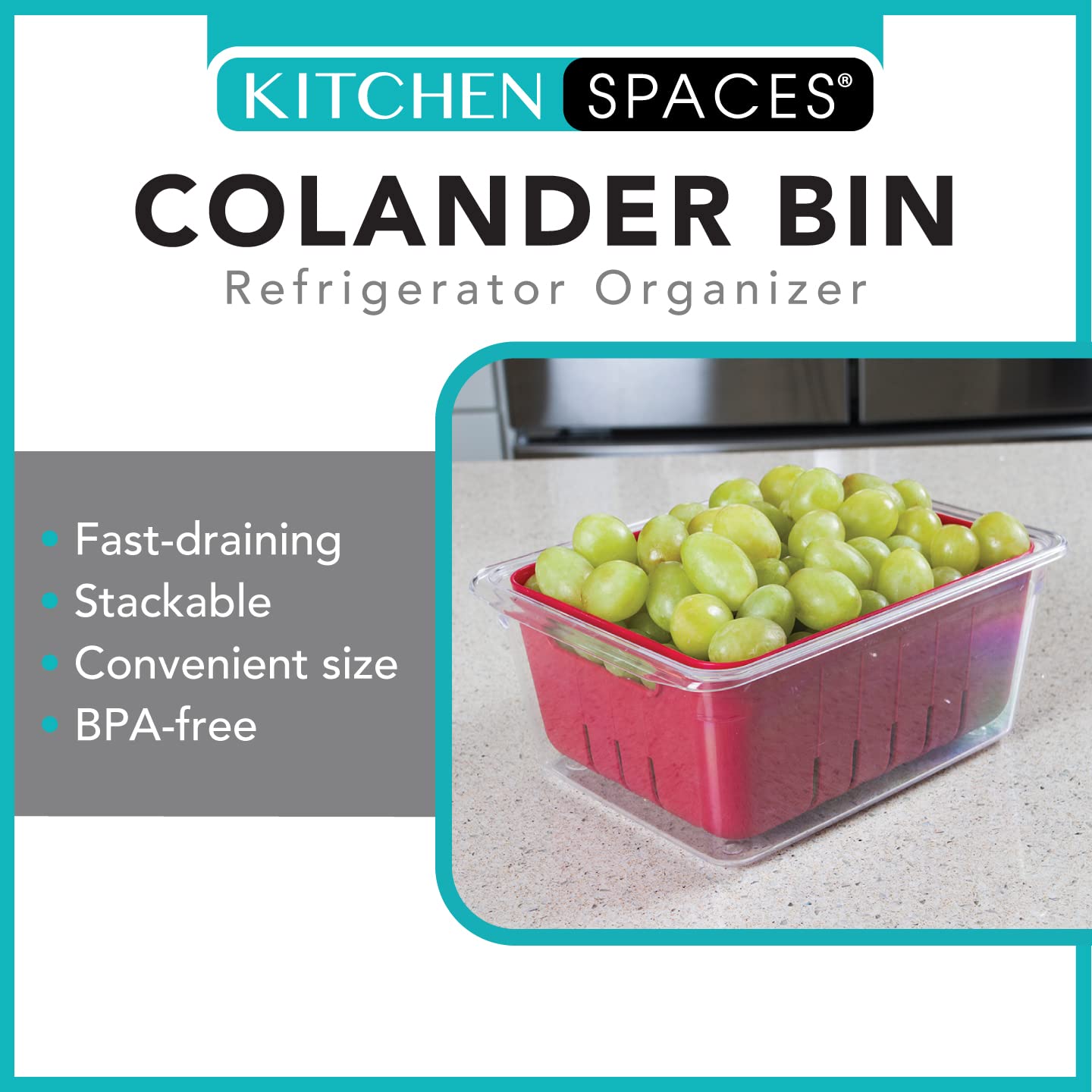 Kitchen Spaces KSCB12-AMZ Colander Bin Stackable Food Storage Organizer for Fridge  Freezer  and Pantry  8.8'' x 6.8'' x 3.9''  Red & Clear